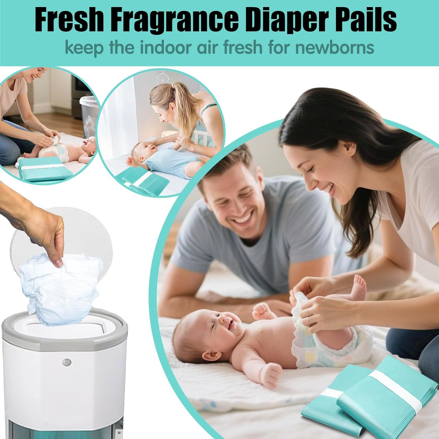 10 Pack Nappy Bin Liners Refill Bags Compatible with KORBELL 16L,Newborn Baby Diaper Pail Liner Odour-Proof,Holds up to 1200 Nappies(10 Meters Each) (Green) image number 5