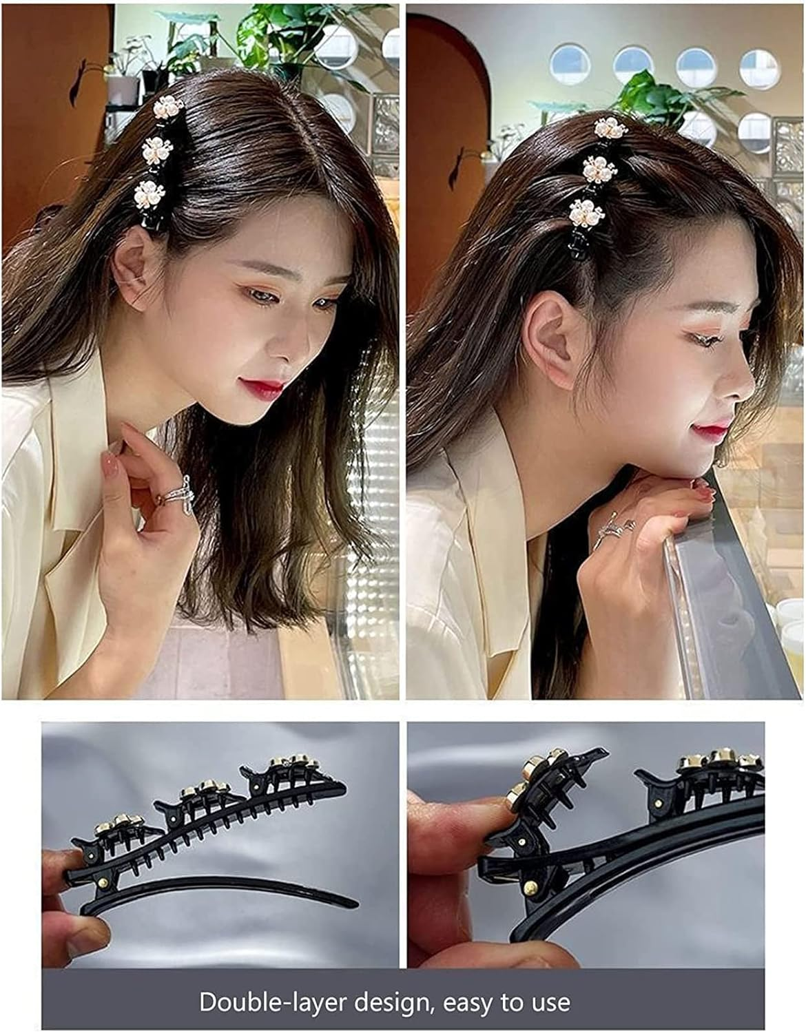 Hummingbird Hair Clip with Crystal Flower, Rhinestone Hair Clip, Four-Leaf Hairpin Duck Beak Clip, Hair Accessories for Women, Pack of 8 Braided Hair Clips, Fashionable Double Layer Mini Hair Clips image number 1
