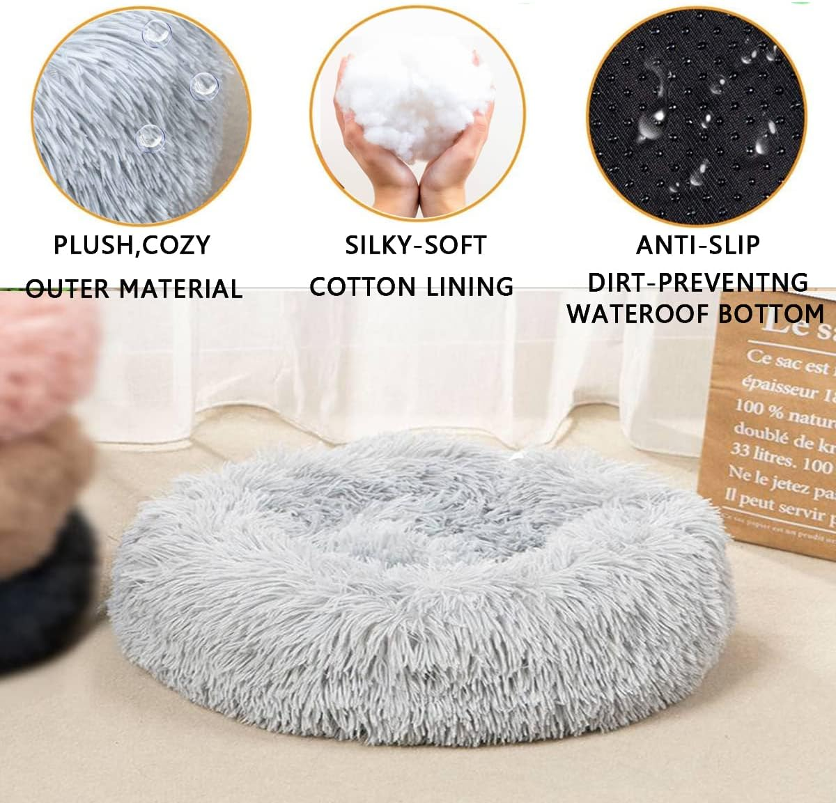 Calming Dog Beds for Small Medium Large Dogs - round Donut Washable Dog Bed, Anti-Slip Faux Plush Fluffy Donut Cuddler Anxiety Cat Bed， Diameter39In image number 3
