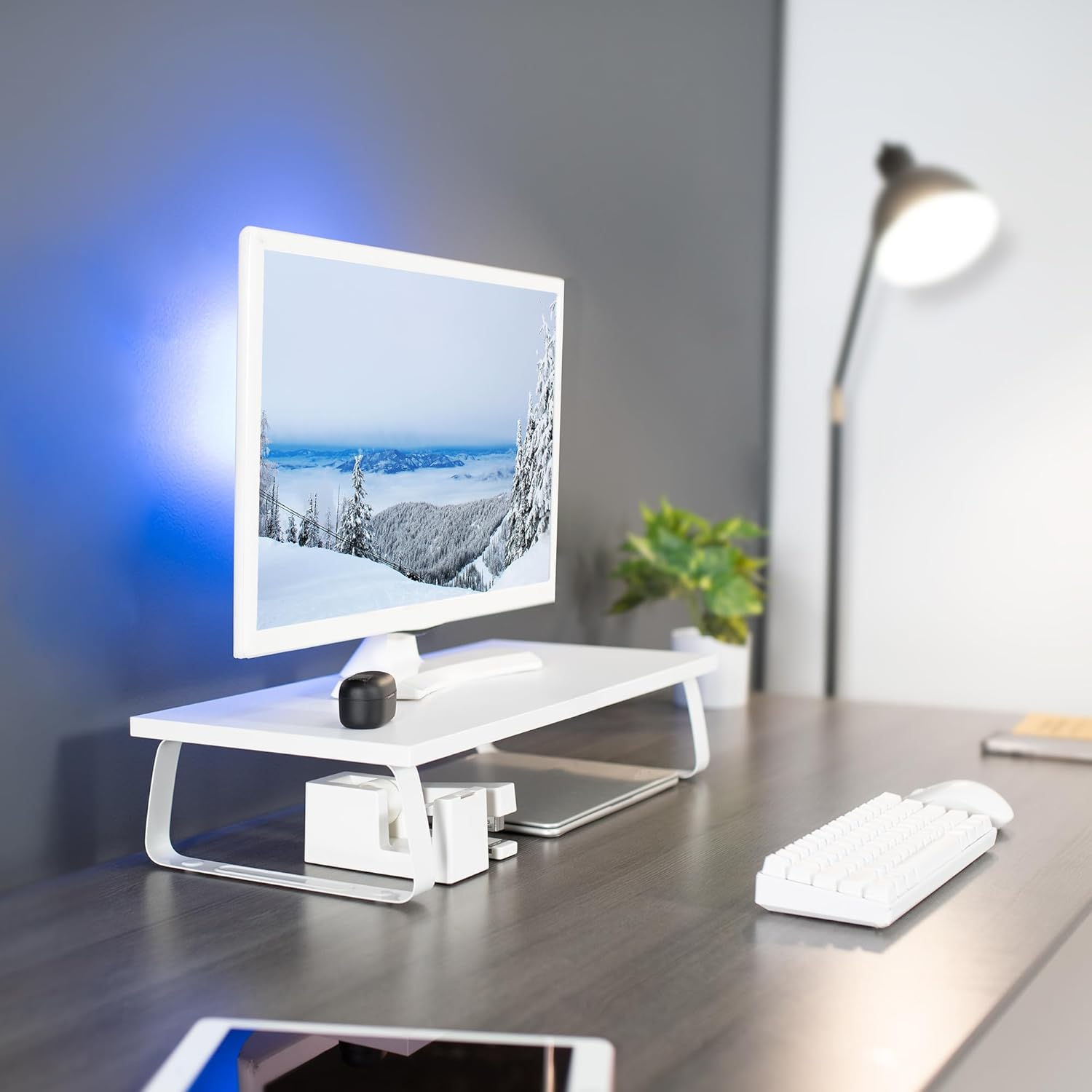 VIVO 24 Inch Monitor Stand, Wood & Steel Desktop Riser, Screen, Keyboard, Laptop, Small TV Ergonomic Desk and Tabletop Organizer, White, STAND-V000D-W image number 2