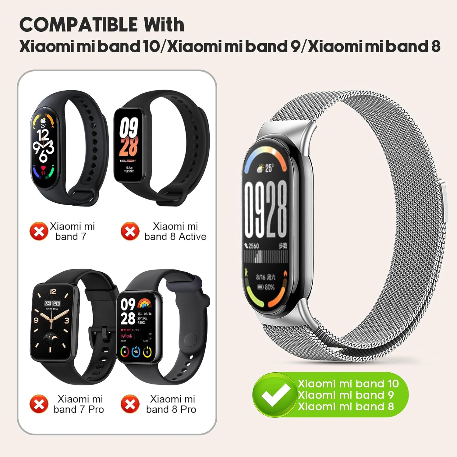 CHANRASI Pack of 2 Replacement Wristbands Compatible with Xiaomi Mi Band 9/8 Women Men Adjustable Metal Bracelets Made of Stainless Steel for Xiaomi Mi Band 9/8 Black Silver image number 2