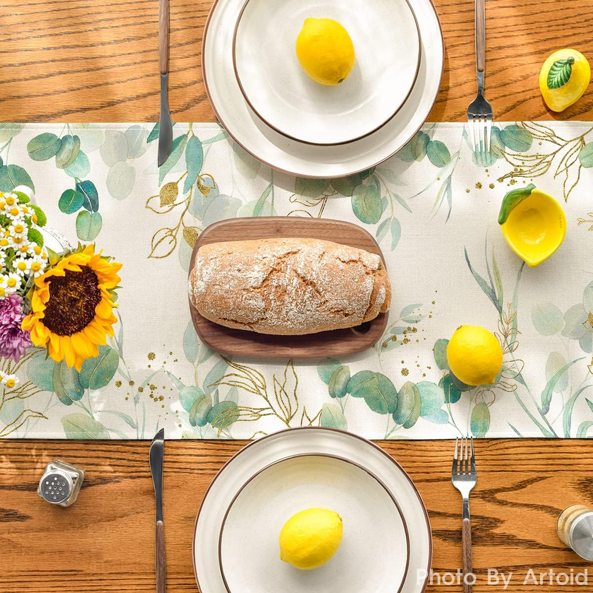 Artoid Mode Beige Greenery Eucalyptus Summer Table Runner, Spring Seasonal Anniversary Holiday Kitchen Dining Table Decoration for Home Party Decor 33 X 230 Cm image number 3