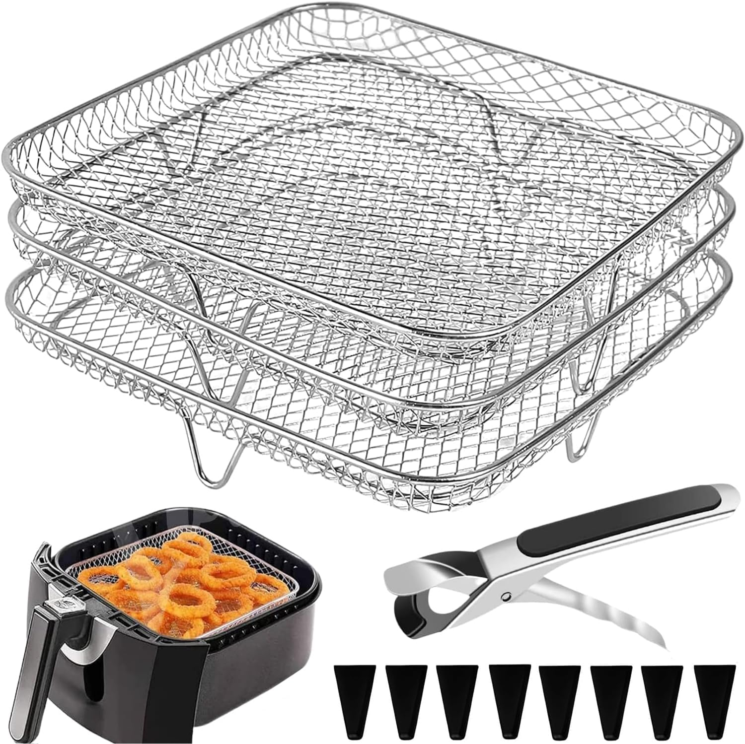 3-Layer Air Fryer Rack,Stainless Steel Stackable Dehydrator Rack with Clipper and 8Pcs Silicone Feet Air Fryer Basket Tray for Baking and Cooking (Square) image number 1