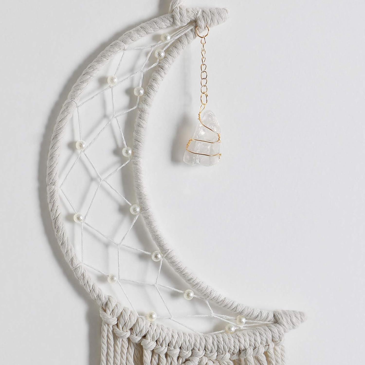 Dremisland Macrame Woven Wall Hanging Moon Dream Catcher with Natural Crystal Stone- Boho Chic Bohemian Home Decor Wall Art Decor with String Lights - Beautiful Apartment Dorm Room Door Decoration image number 4