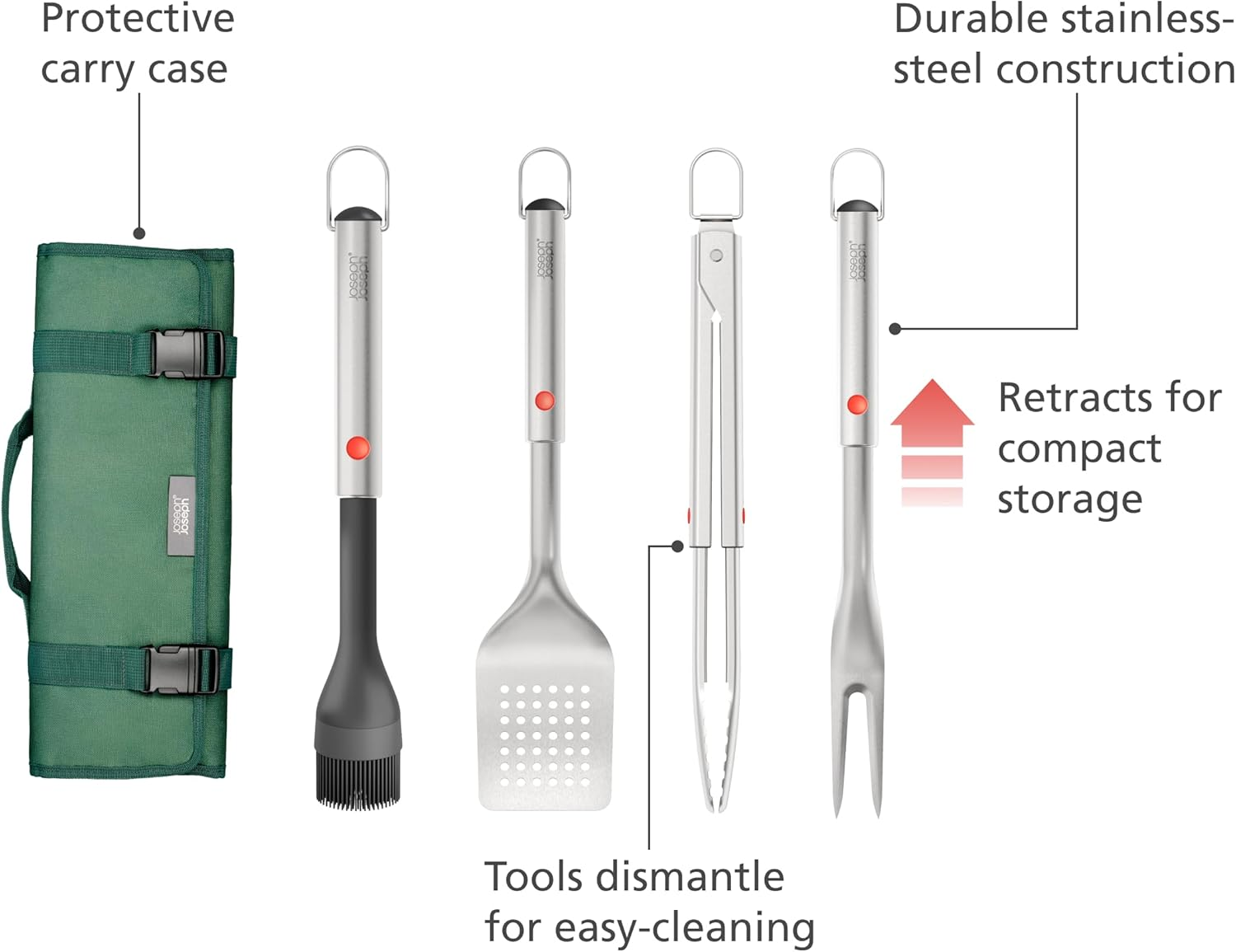 Joseph Joseph Grillout 4-Piece Stainless Steel BBQ Utensil Set with Storage Case, Brush, Tongs, Turner & Fork, Retractable Handle, Hanging Loops image number 2