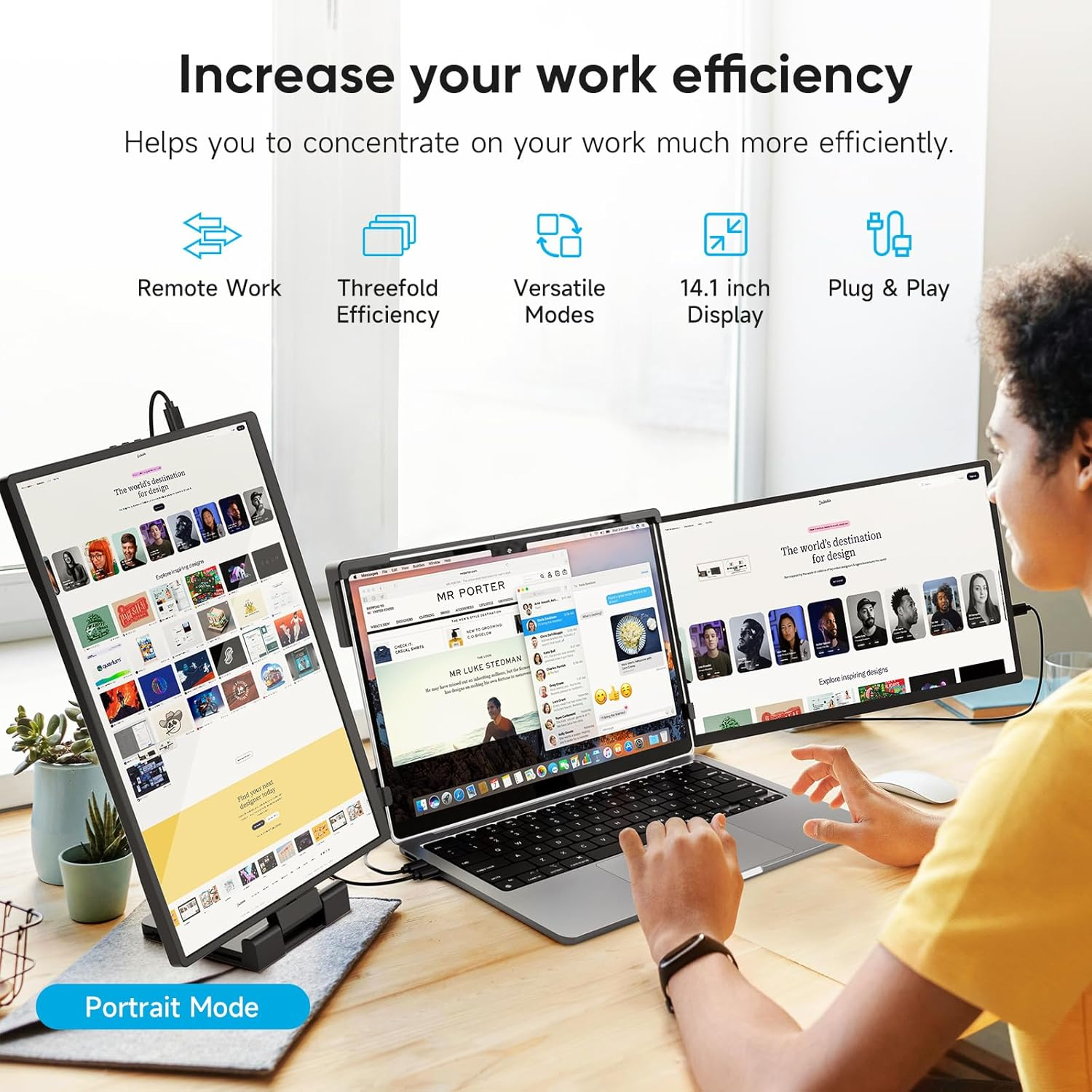 Laptop Screen Extender, 14" FHD 1200P IPS Triple Portable Monitor for Laptop, Screen Extender Monitors for 14"-17.3" Carry a USB Flash Drive，Plug & Play Compatible with Wins, Mac, Android image number 2