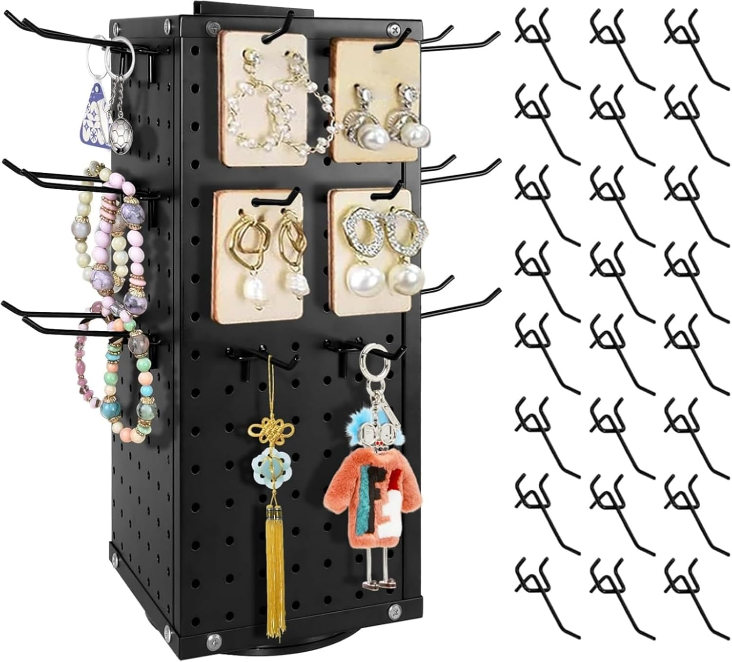 Ssumght Peg Board Display Stand with 12 Hooks,White Metal Jewelry Retail Pegboard Racks for Craft Shows, Fairs and Selling Earrings,Sturdy Rack Stands for Retail Stores, Vendors (Black Rotating)