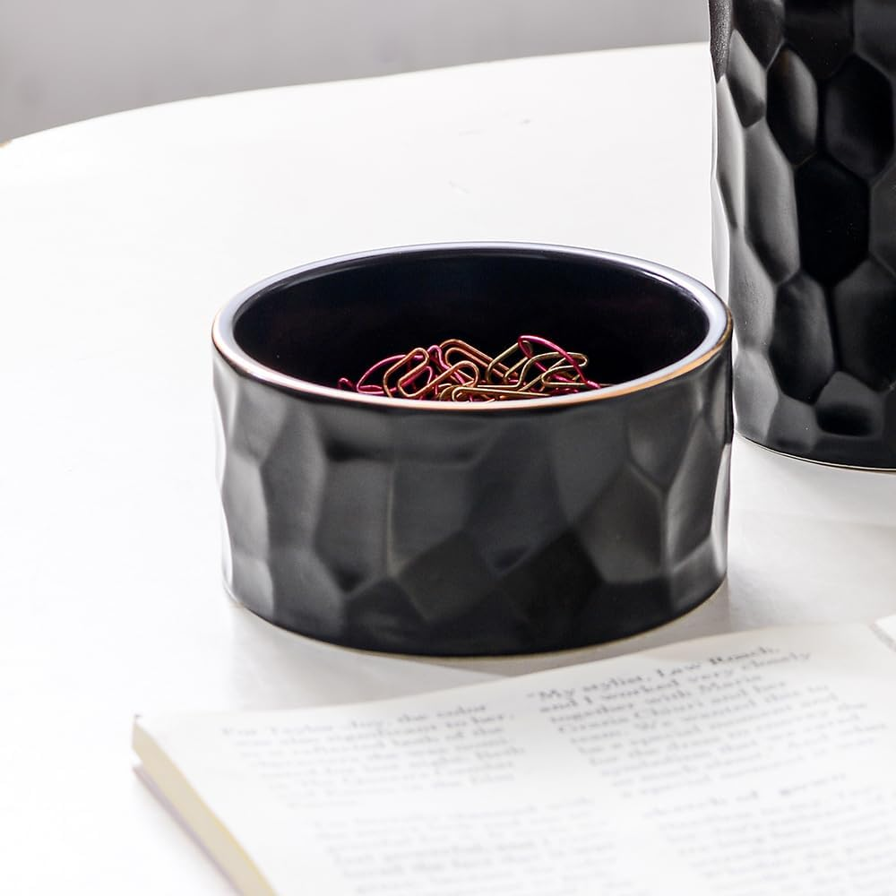 YOSCO Desk Organizer Set of 2 for Office, Ceramic Pen Holder and Paper Clip Holder, Cute Pencil Cup Pot for Desk, Paper Clip Dispenser for Desktop, Makeup Brush Holder, Ideal Gifts (Black Set)