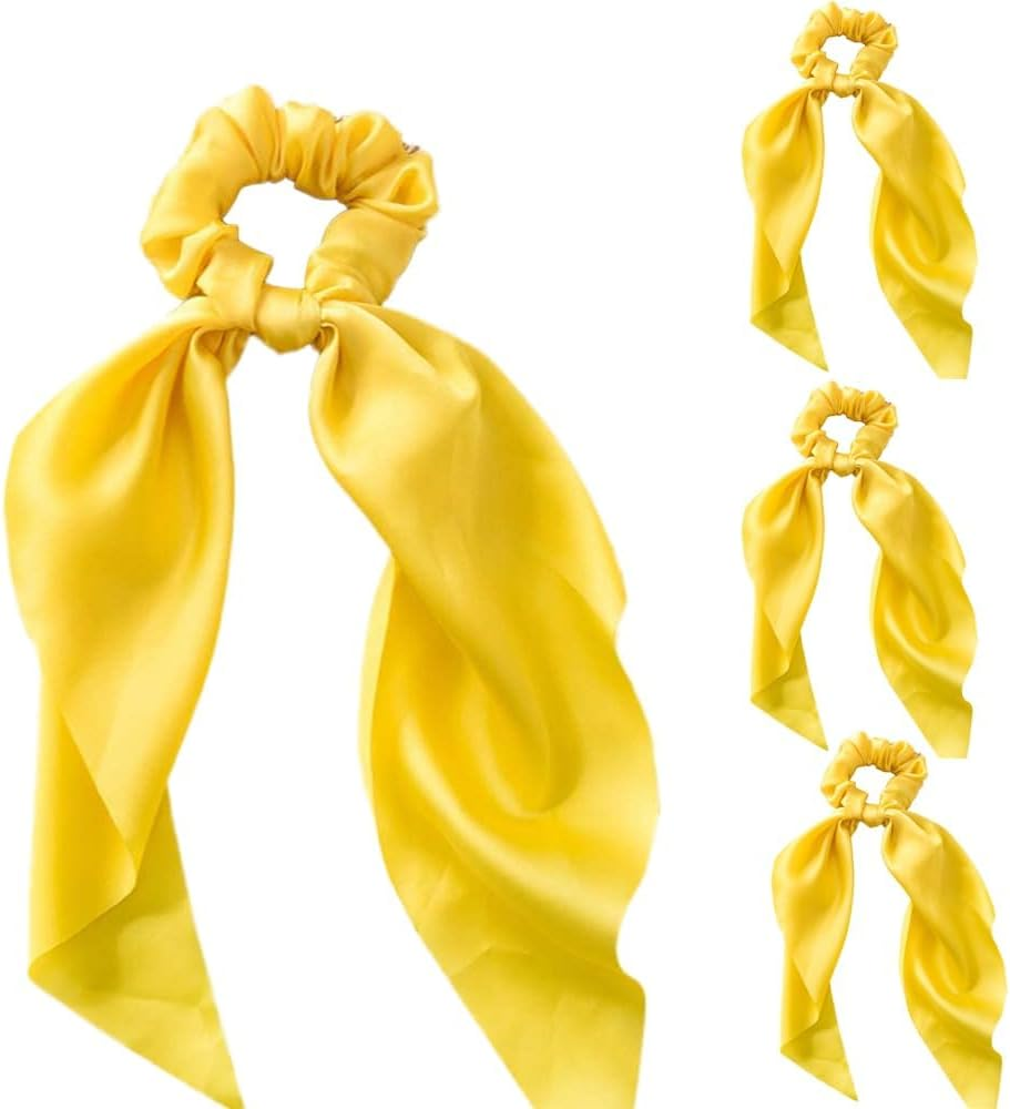 4 Pcs Yellow Women Girl Bow Satin Ribbon Ponytail Scarf Hair Tie Rope Scrunchies Elastic Band Hair Scrunchies Bands Elastics and Ties Hair Elastics Ties Hair Accessories image number 3