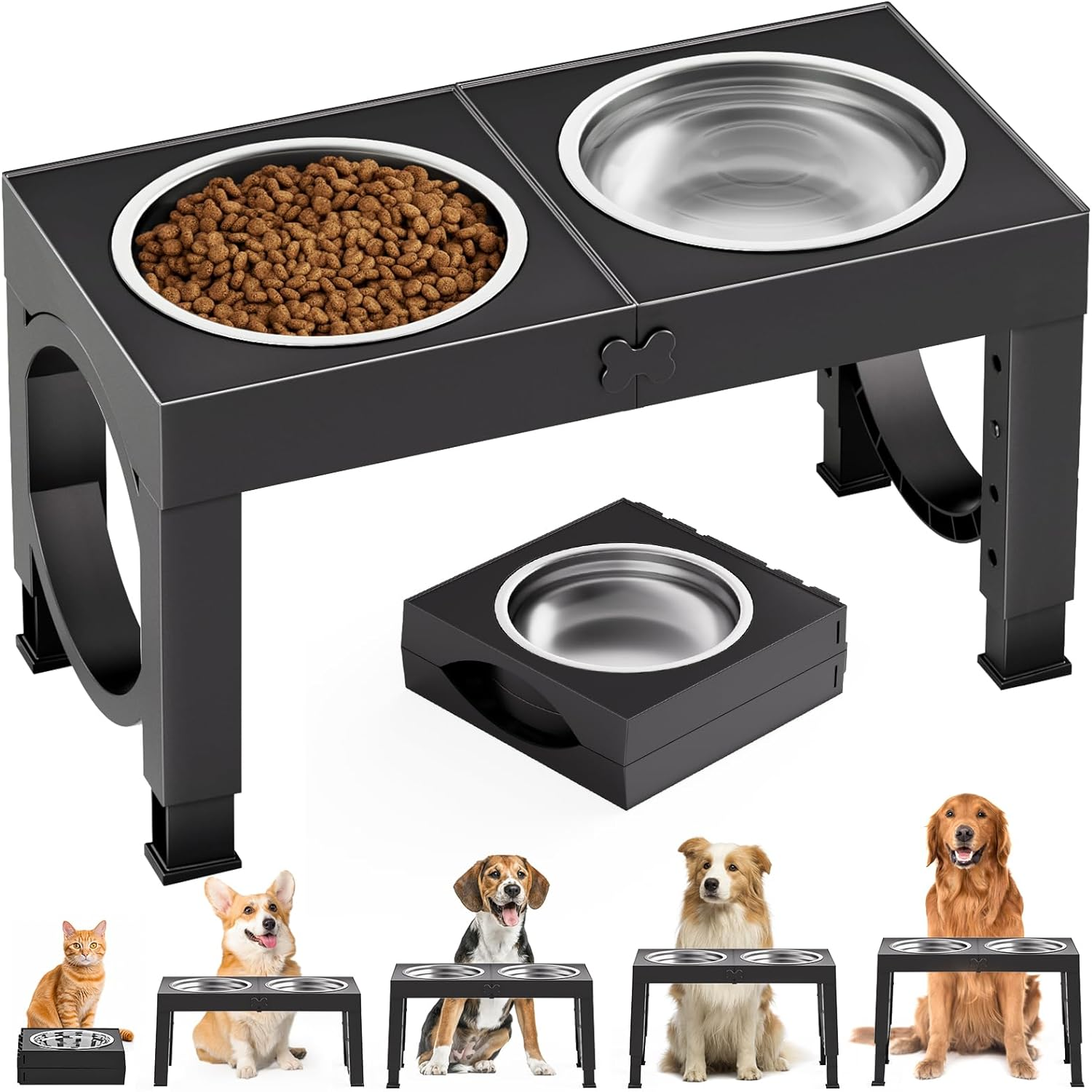 Elevated Dog Bowls for Medium Large Breed Dogs, 4 Height Adjustable Dog Raised Bowls Stand to 9.09", 10.63", 12.20", 13.78", 2 Thick Stainless Steel Dog Food Water Bowls, No Slip Dog Feeder, White