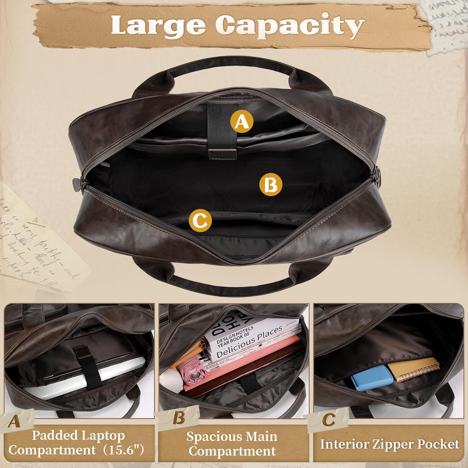 Lubardy Messenger Bag Men Vintage PU Leather Laptop Bag 15.6 Inch Briefcases for Men Work Computer Bag Waterproof Briefcase - Brown image number 2