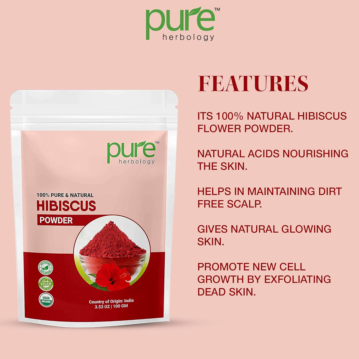 Pure Herbology Pure & Natural Hibiscus Flower Powder for Face Packs and Hair Growth & Care, 200Gm