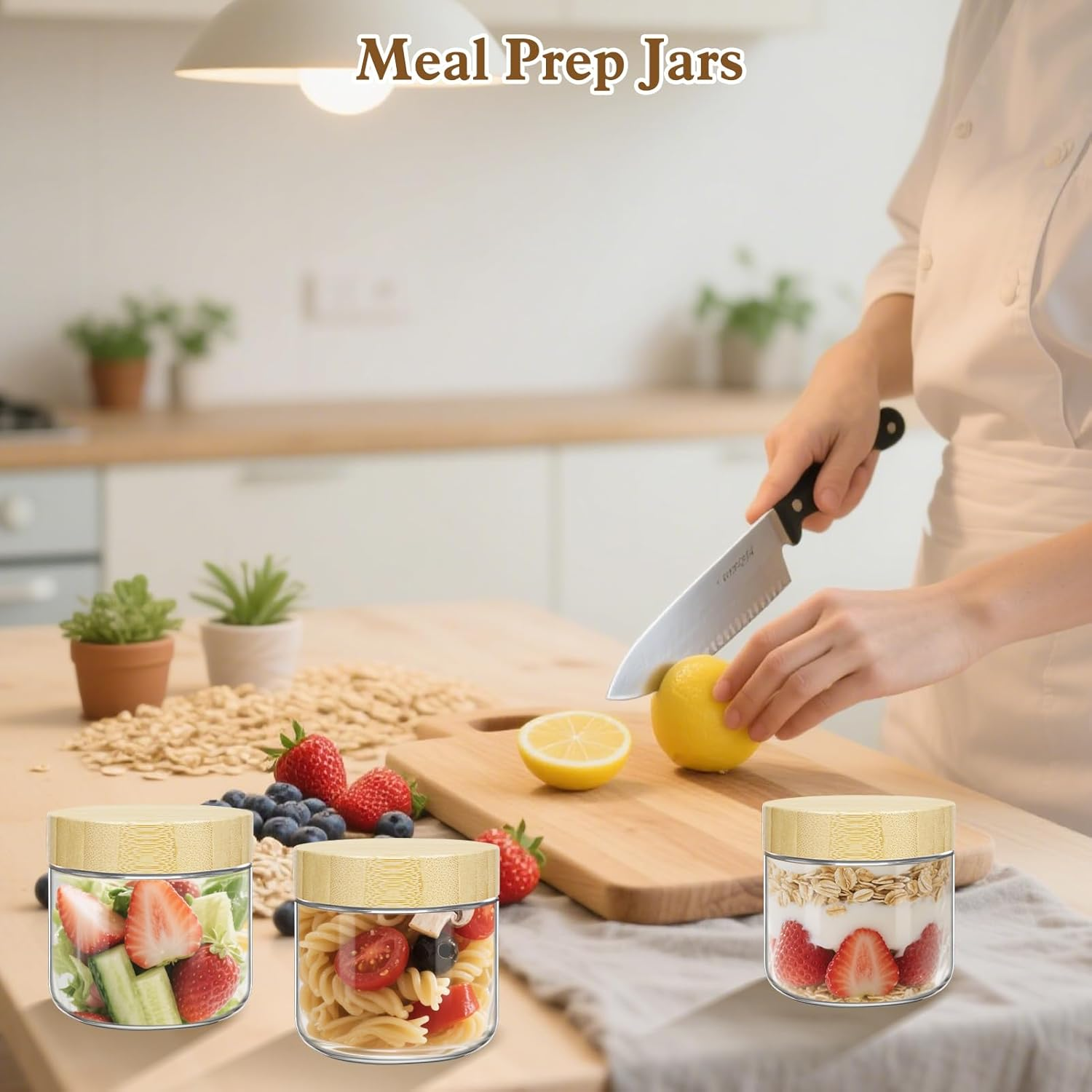 UHAPEER 6 Pack 10Oz Glass Containers with Bamboo Lids: Stackable & Leak-Proof Glass Overnight Oats Jars for Hot/Cold Foods, Travel Meals Prep & Plan, Pantry Storage (Dishwasher & Microwave Safe) image number 4