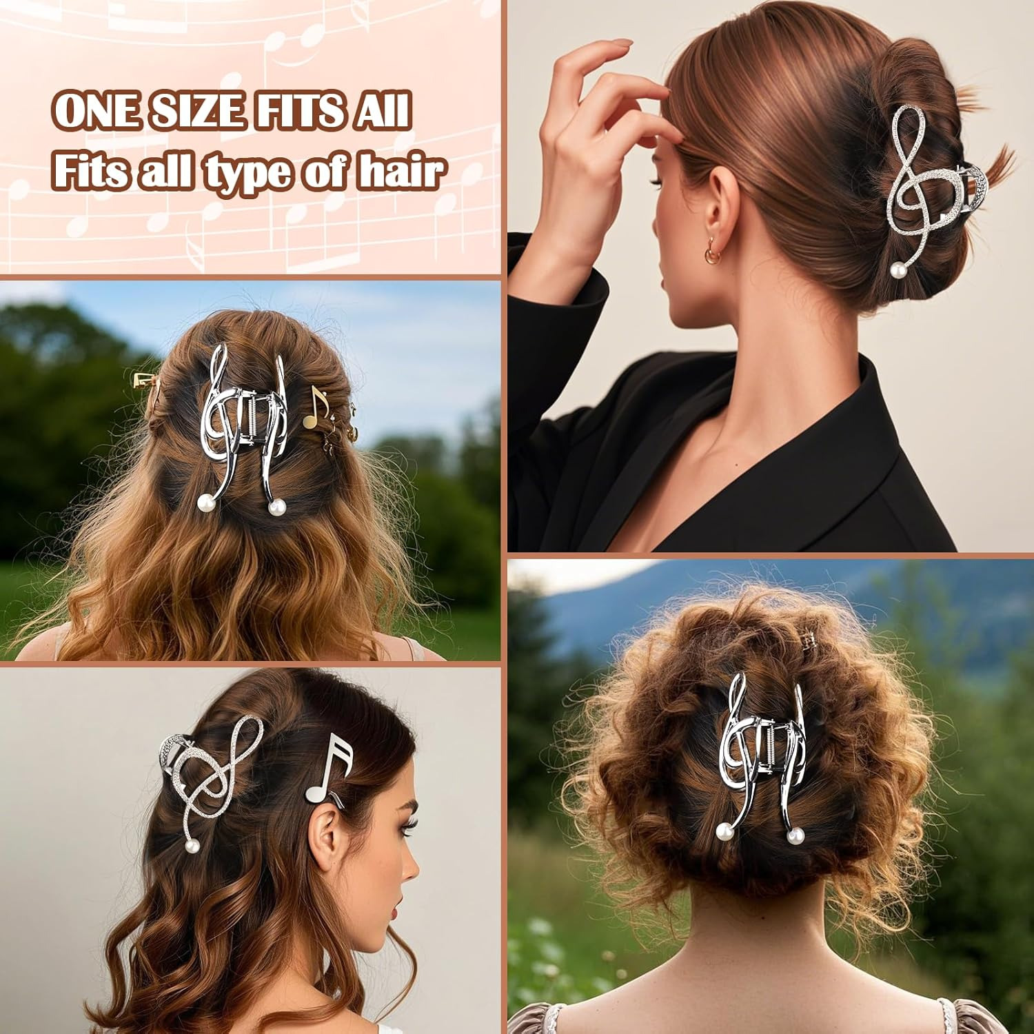 Vodolo Treble Clef Hair Clip,2Pcs Treble Clef Claw Clip for Women Girls,Metal Music Note Hair Claws with Pearl