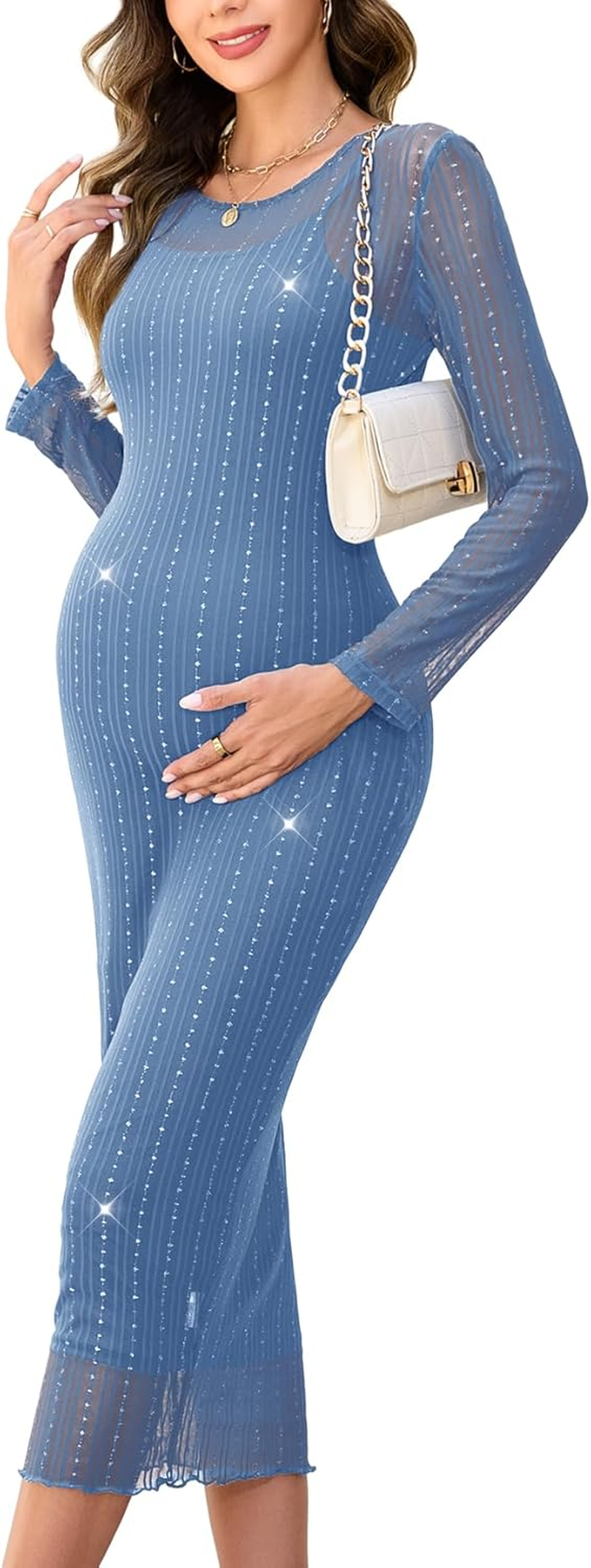 2 Piece Maternity Sparkly Mesh Dress Long Sleeve round Neck Bodycon Midi Pregnancy Dresses Baby Shower Semi Formal