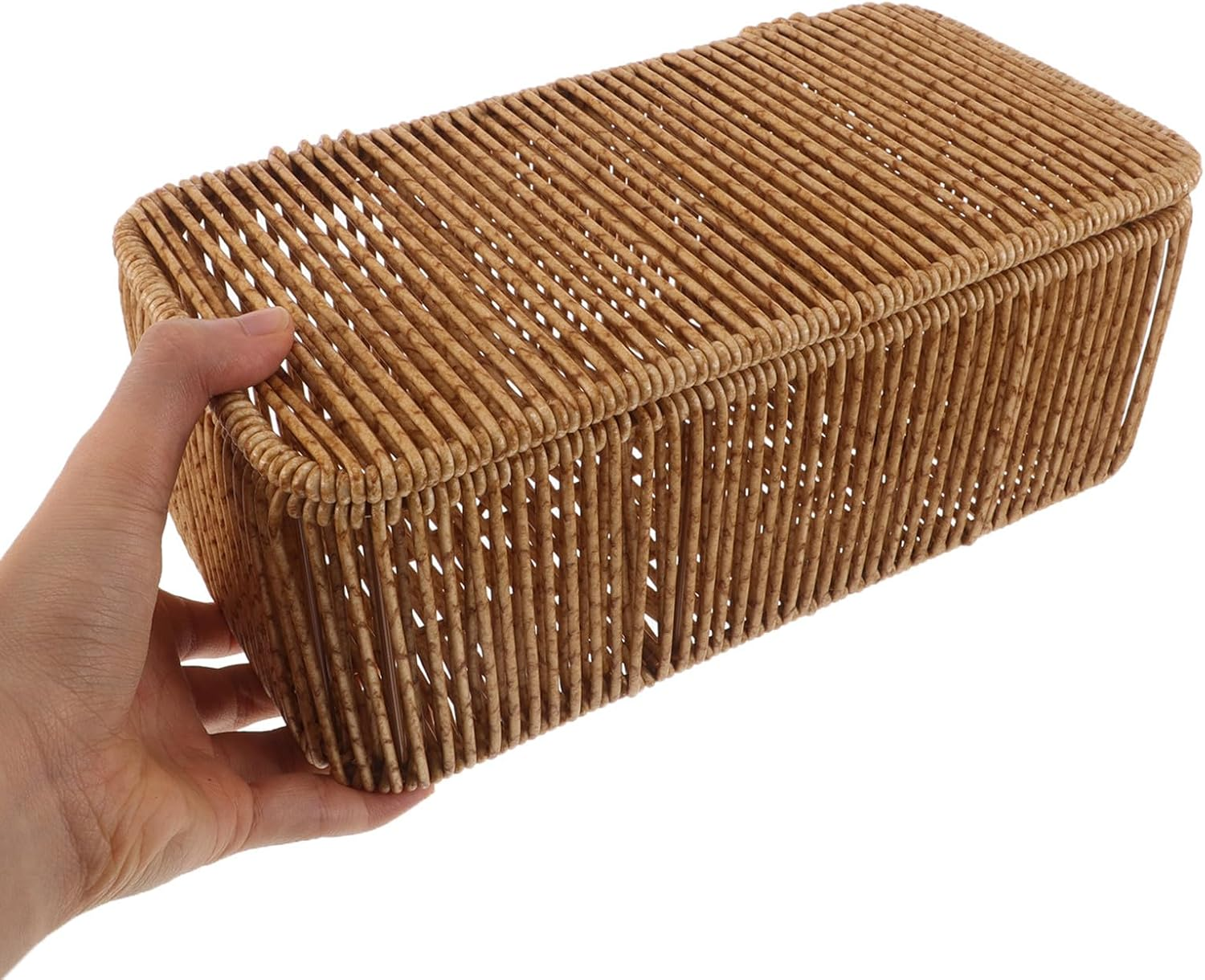 PAMINGONO Small Rectangular Rattan Storage Basket with Lid, Woven Desktop Organizer Box with 2 Dividers, Dustproof Makeup and Cosmetic Storage for Bedroom and Bathroom Shelves image number 1