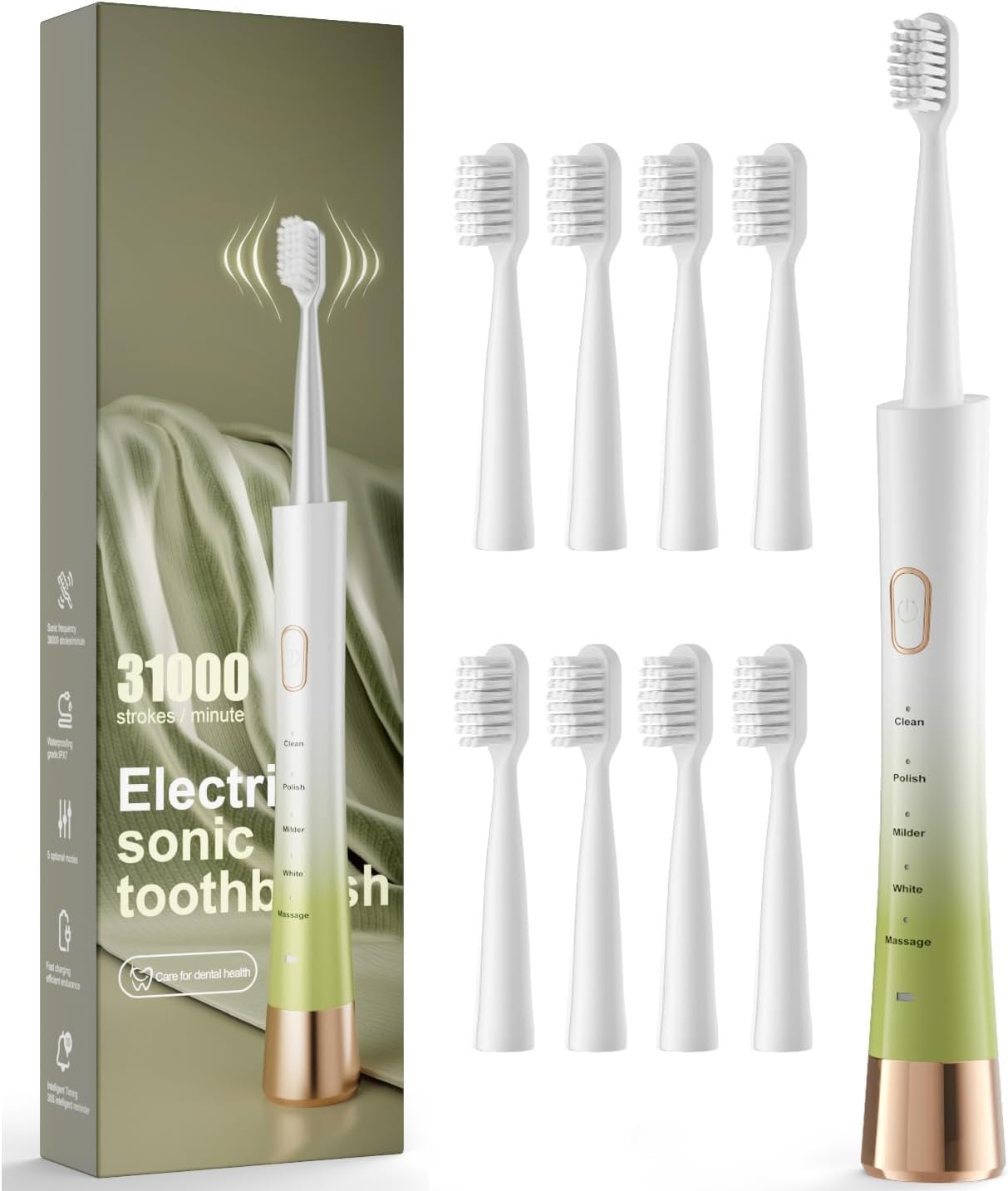 Upgrade Sonic Electric Toothbrush for Adults, 8 Replacement Brush Heads, Rechargeable Electric Toothbrush with 2-Minutes Timer IPX7 Water-Proof, for Indoor & Outdoor, White & Green Gradient image number 1
