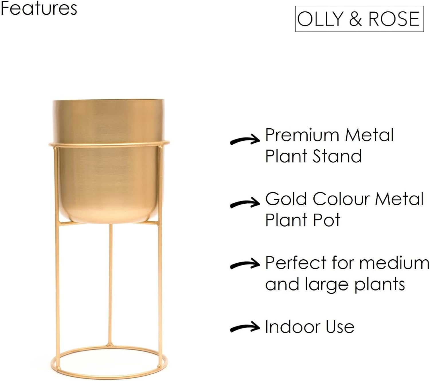 Olly & Rose Matt Metal Plant Pot with Gold Plant Stand - Tall 50Cm Large Plant Pot Indoors with Stand - Large Decorative Planter