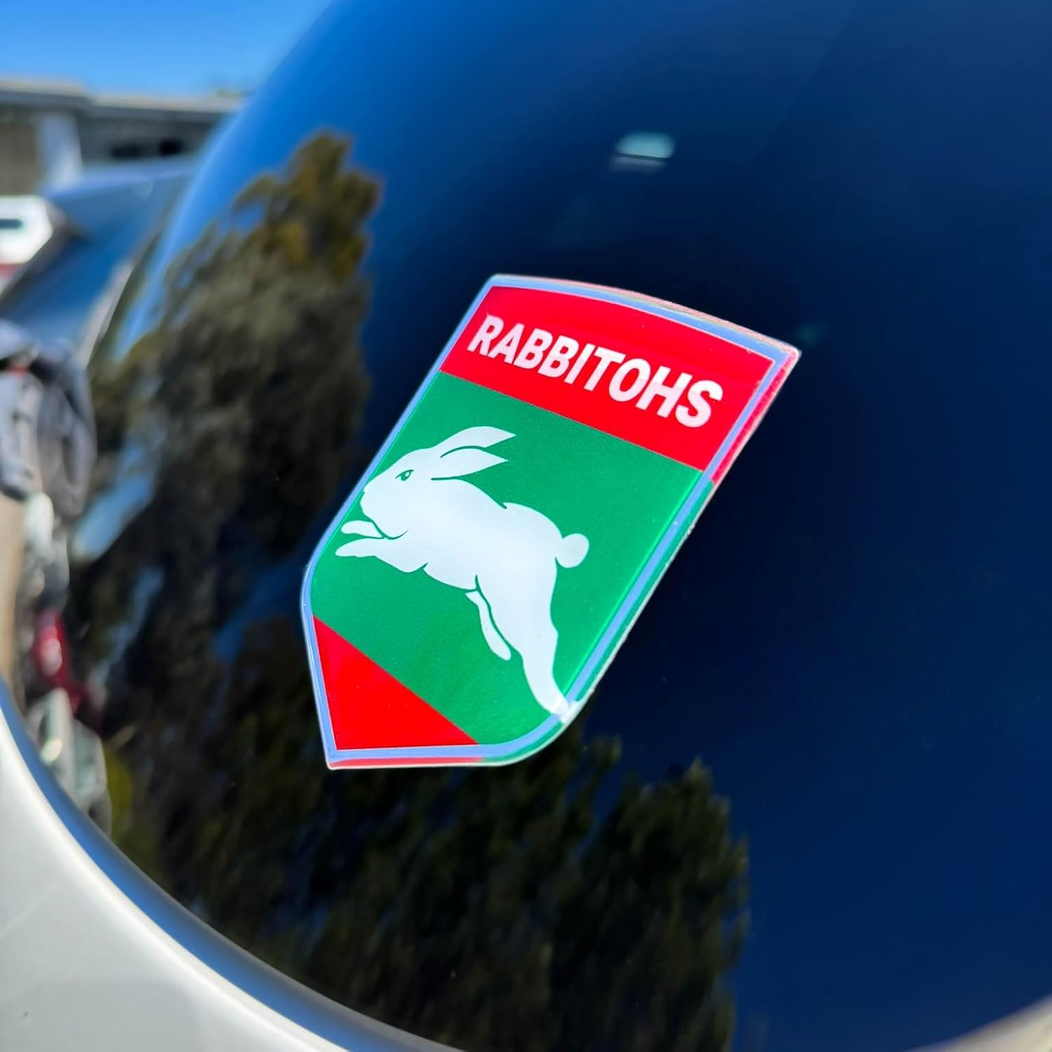 Fan Emblems Rabbitohs Car Decal &bull; South Sydney Rabbitohs Clear Resin Coated Chrome Auto Sticker - Size: 97 X 76 X 2Mm &bull; Officially Licensed NRL Car Accessories image number 1