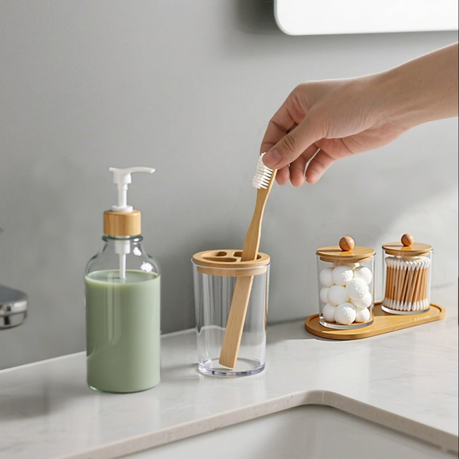 5 Pack Bamboo Bathroom Accessories Set with Tray - Plastic Soap Dispenser Clear Toothbrush Holder and 2 Qtip Holder Cotton Ball Container Jar image number 2