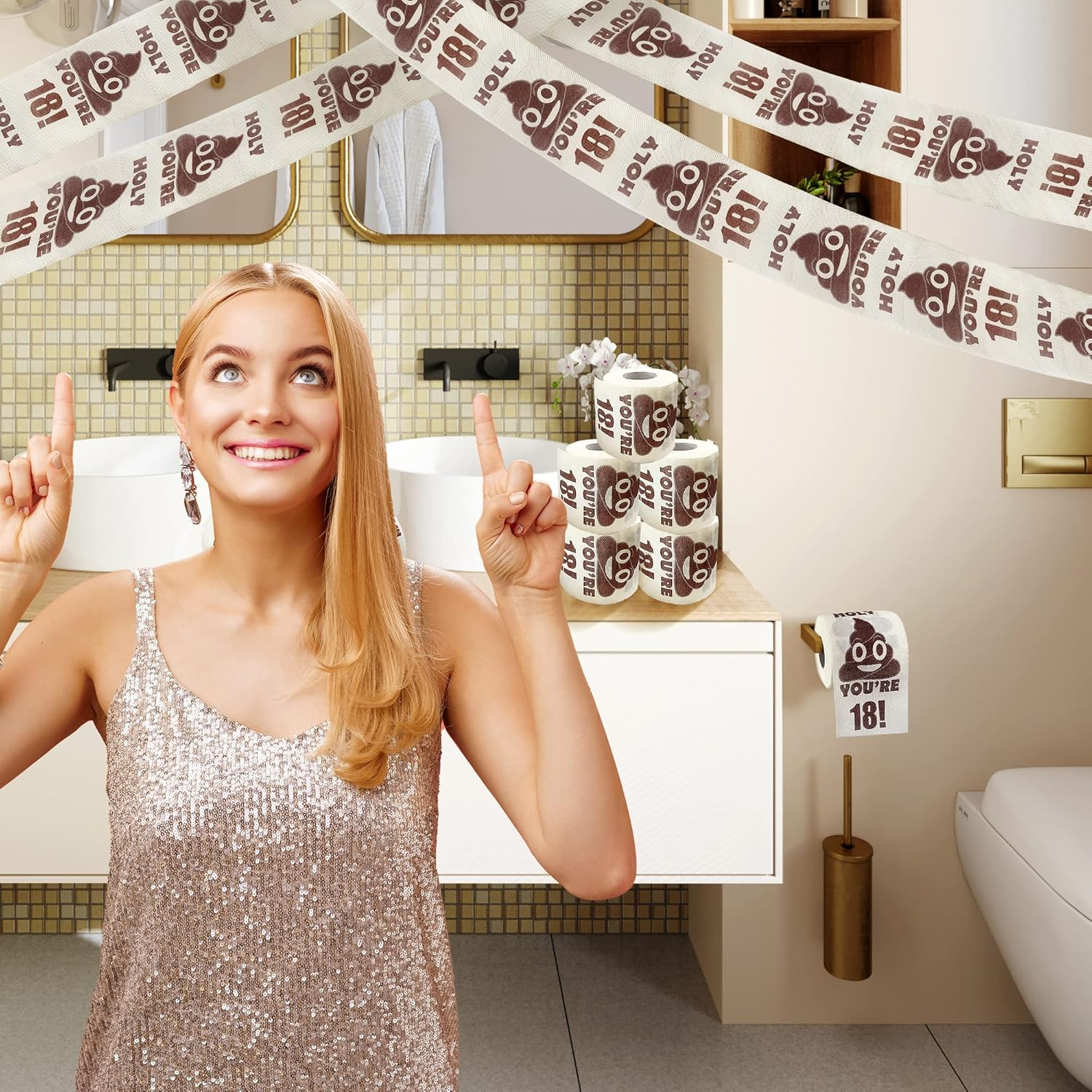 UFRITAN Happy 18Th Birthday Gifts, 3-Ply Funny Toilet Paper Roll, Holy Poop You'Re 16 Printed Gag Gift, Pranks & Surprises Bathroom Decor for Boys Son Girls, Cheers to 18 Bday Party Supplies, 4X4''