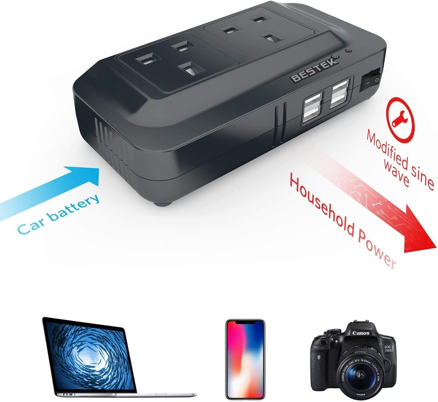 BESTEK 200W Power Inverter DC 12V to AC 230V 240V Car Voltage Converter Transformer with 3-Pin Sockets & 4-USB Ports