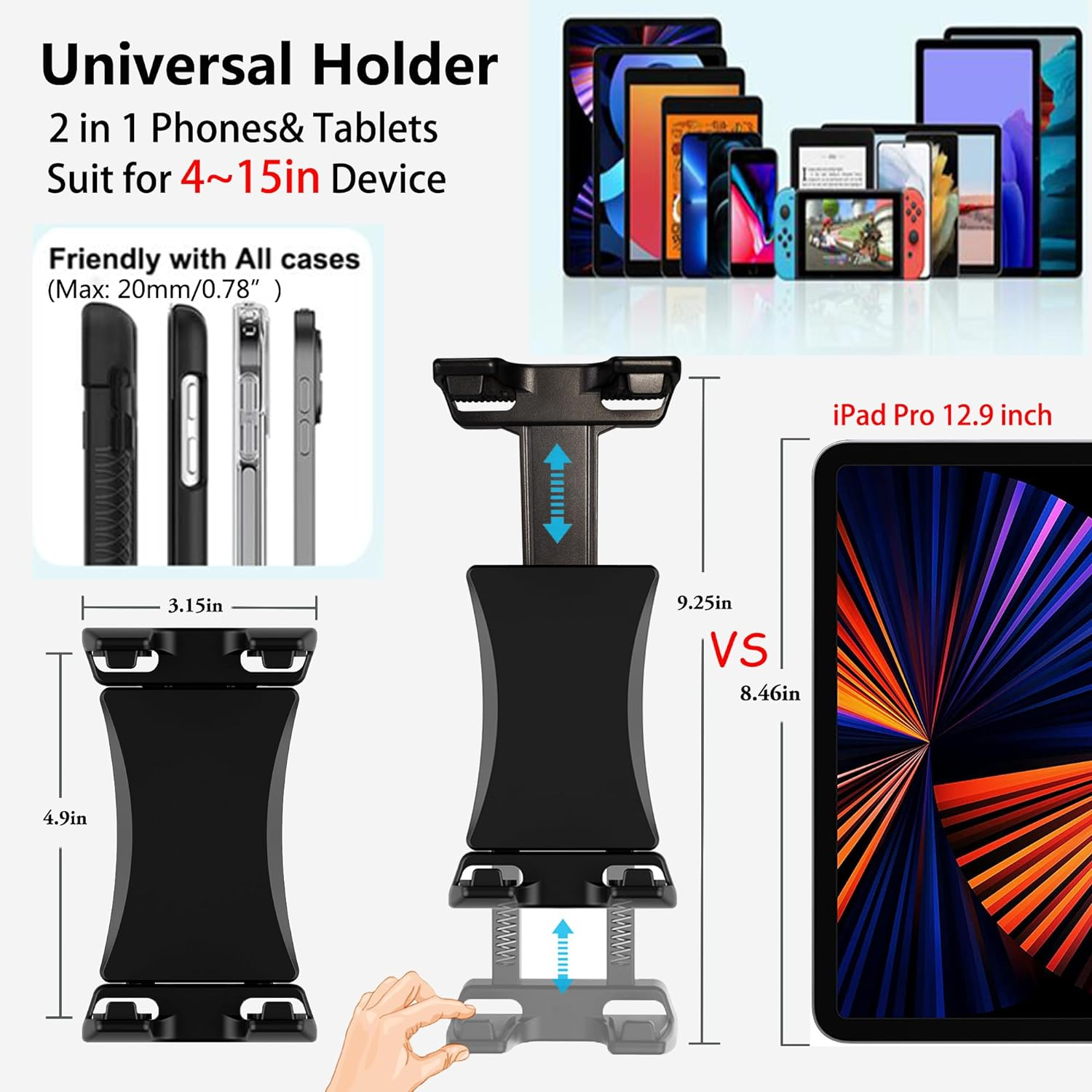 Peastrex Tablet Wall Mount Ipad Wall Holder Stand with Long Arm 360&deg; Rotating Aluminium Base for 4~15Inch Tablet and Cellphone Ipad Pro 12.9, Galaxy Tab S9 Ultra 14.6 S9FE, Surface,Iphone image number 3