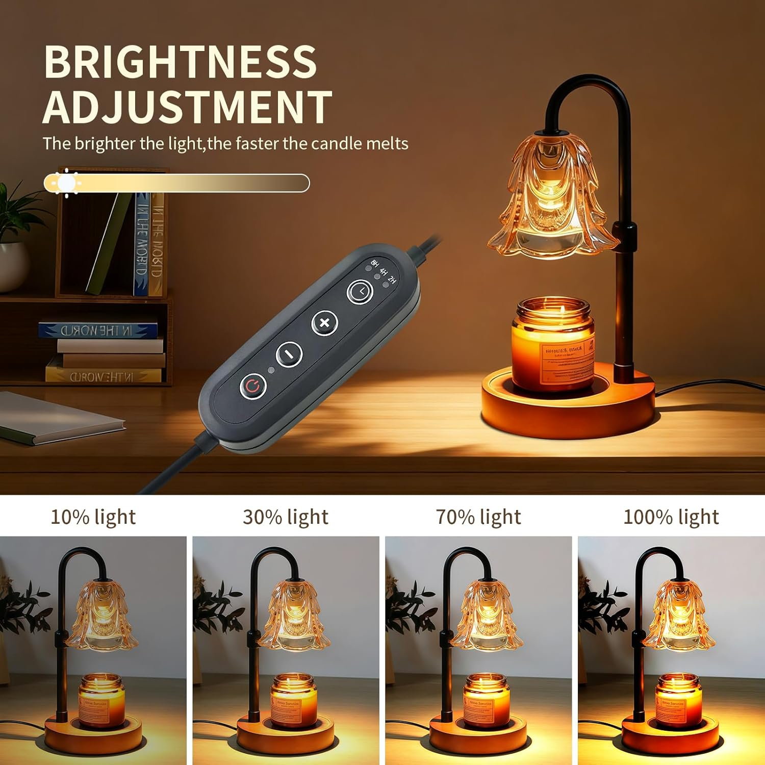 Candle Warmer Lamp with Timer and Dimmer, Adjustable Height Vintage Wax Warmer - Halogen Bulb, Retro Wood Base & Glass Shade, Elegant Table Lamp for Home Bedroom Office Decor image number 4