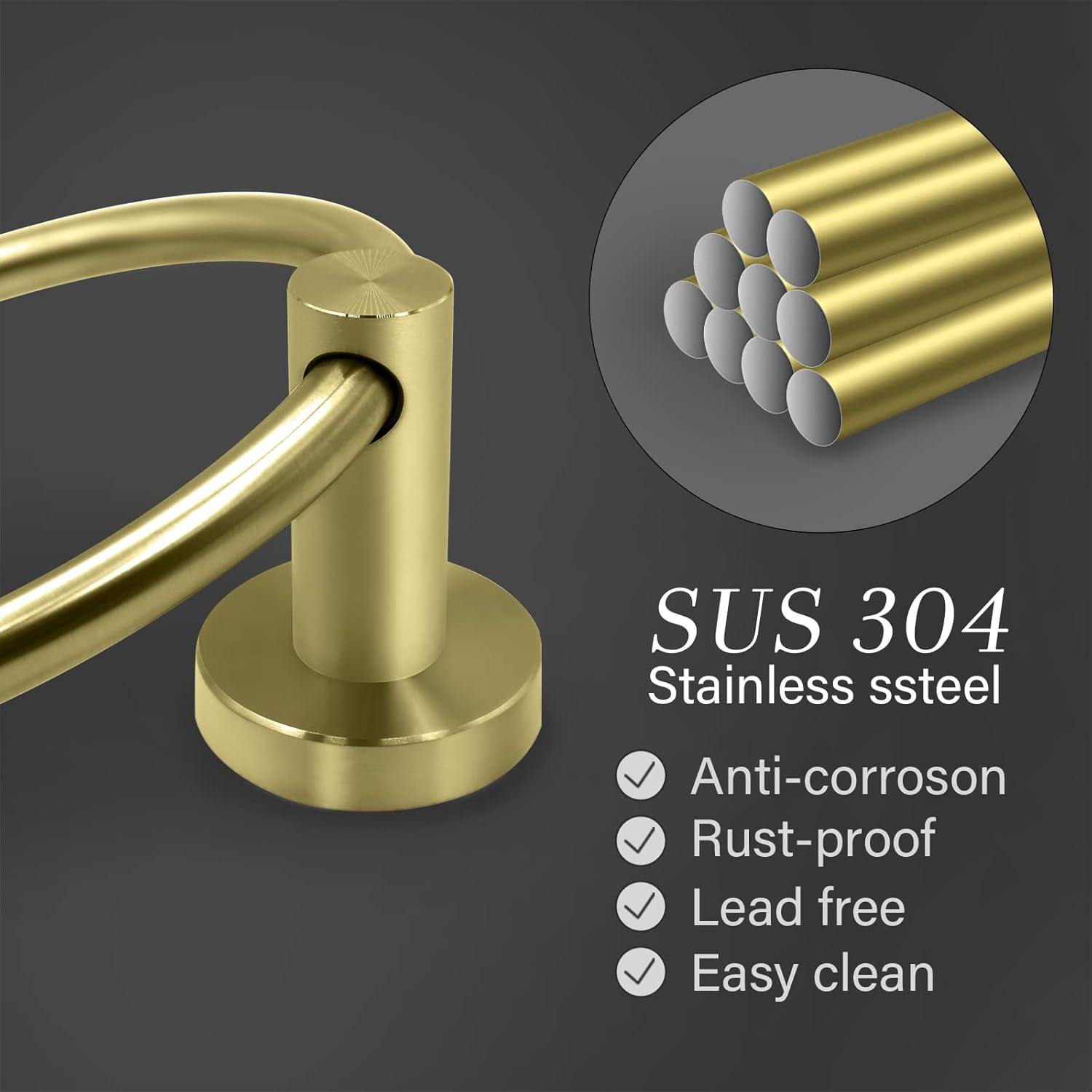 Stainless Steel Gold Towel Ring Hand Towel Holder for Wall Mounted Bathroom Towel Rack Holder Simple round Towel Hanger (Brushed Gold) image number 1