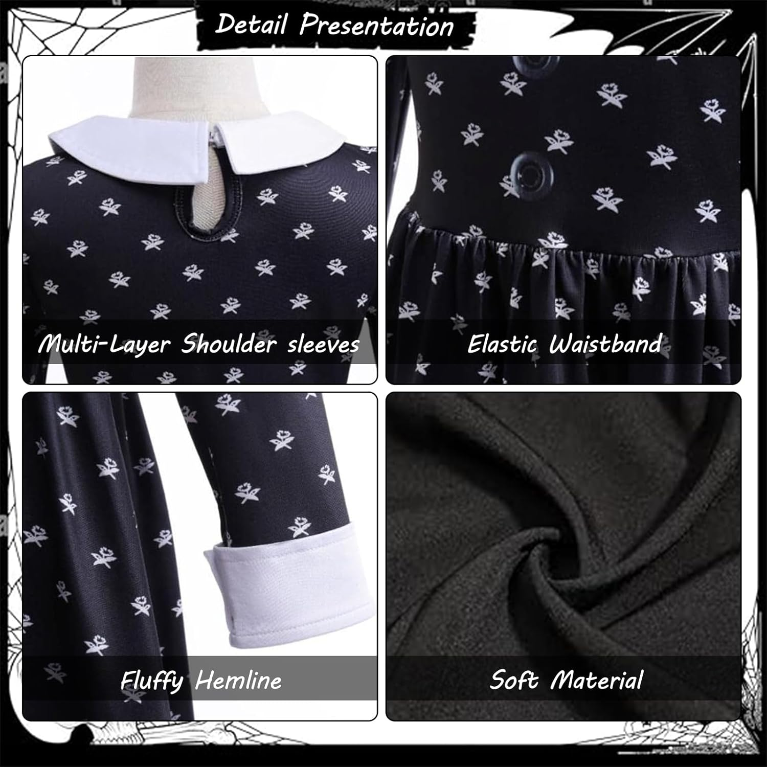 LIODUX 11 Pack Wednesday Black Costume, Wednesday Girls Dress, Teens Black Family Costumes, Girls Halloween Costumes Perfect for Halloween, Cosplay, and Parties image number 4