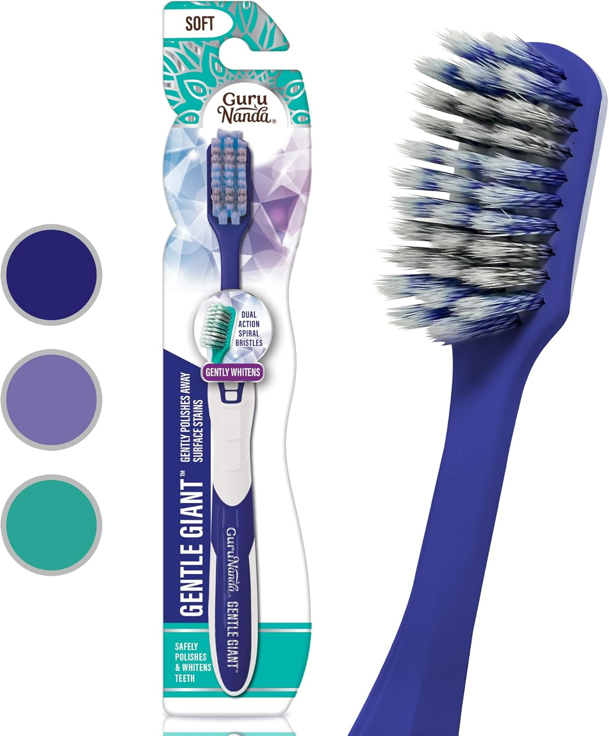 Gurunanda Gentle Giant Toothbrush with Dual Action Flossing Spiral Bristles, Non-Slip Ergo Dexa Grip, Helps in Teeth Whitening, BPA Free, (1 Count) image number 3
