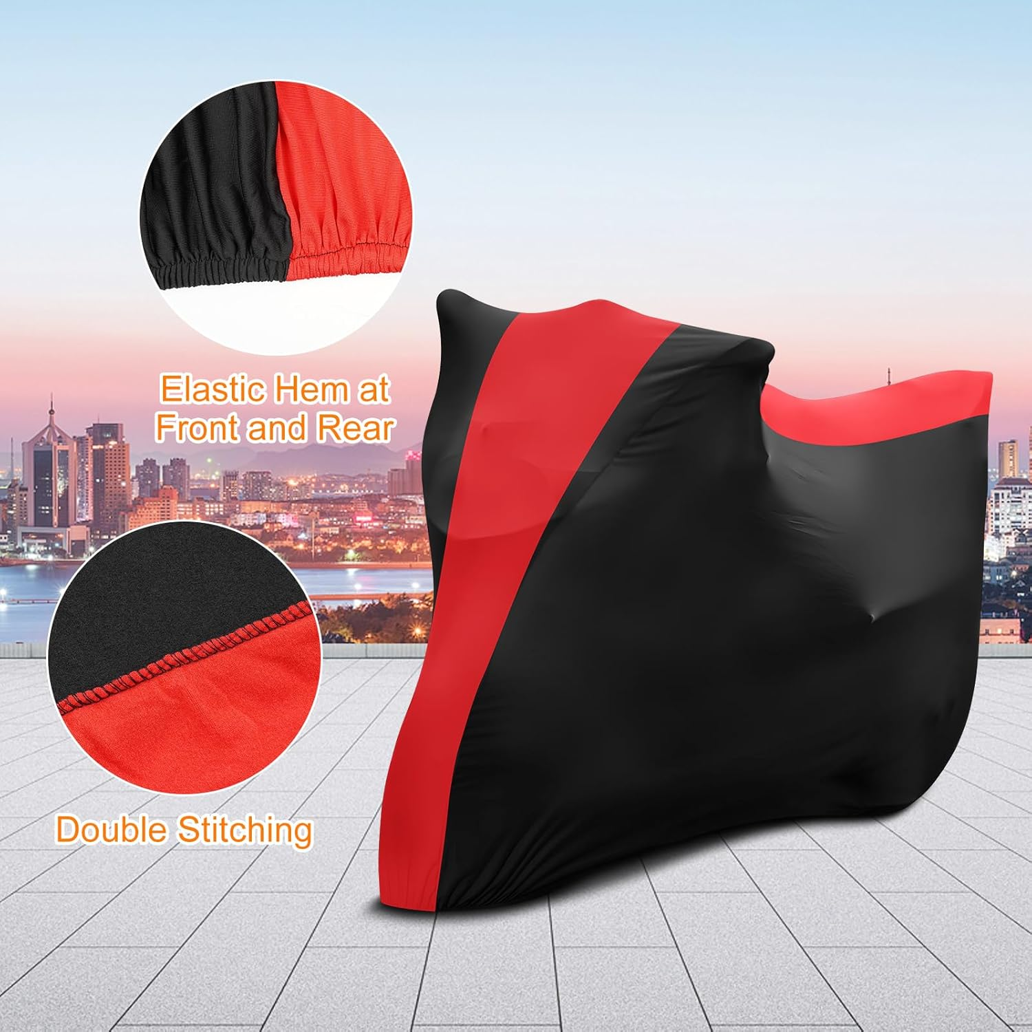 Indoor Motorcycle Cover, Soft Stretch Elastic Dustproof Protection Windproof Cover for Bike, Black and Red Stitching Motorcycle Cover for 96 X 41 X 49 In image number 4