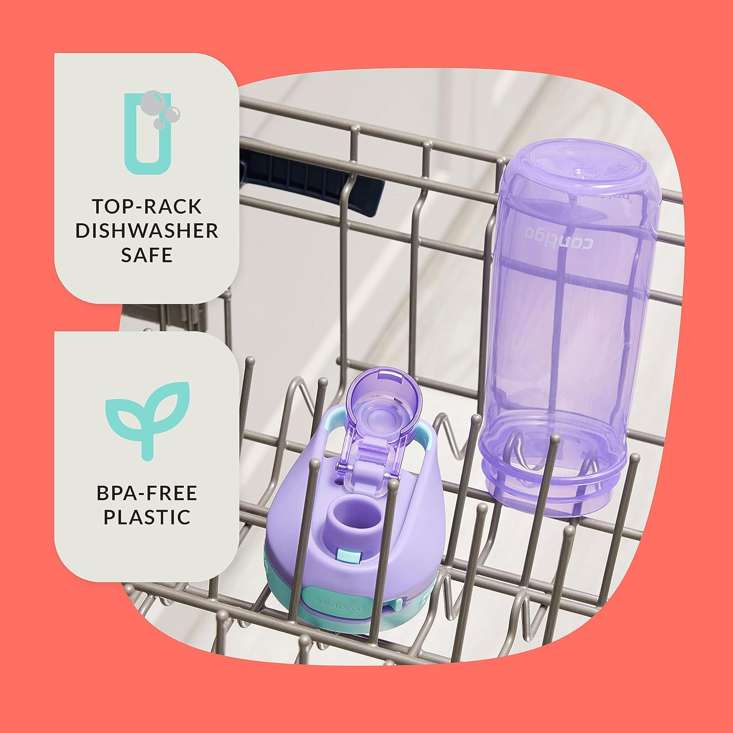 Contigo Jessie Kids Water Bottle with Leak-Proof Lid, 14Oz Dishwasher-Safe Kids Water Bottle, Fits Most Cup Holders, 2-Pack Blue Poppy/Coral & Amethyst/Jade image number 6