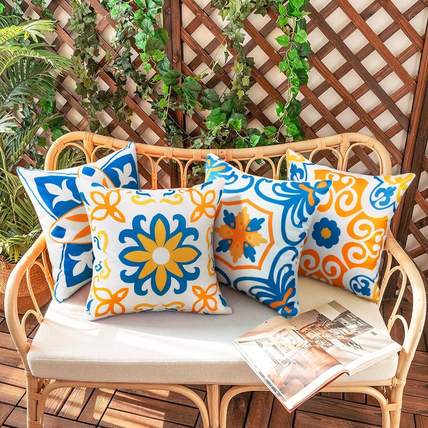 Outdoor Waterproof Throw Pillow Covers Set of 4 Floral Printed and Boho Farmhouse Outdoor Pillow Covers for Patio Funiture Garden 18X18 Inch Yellow image number 6