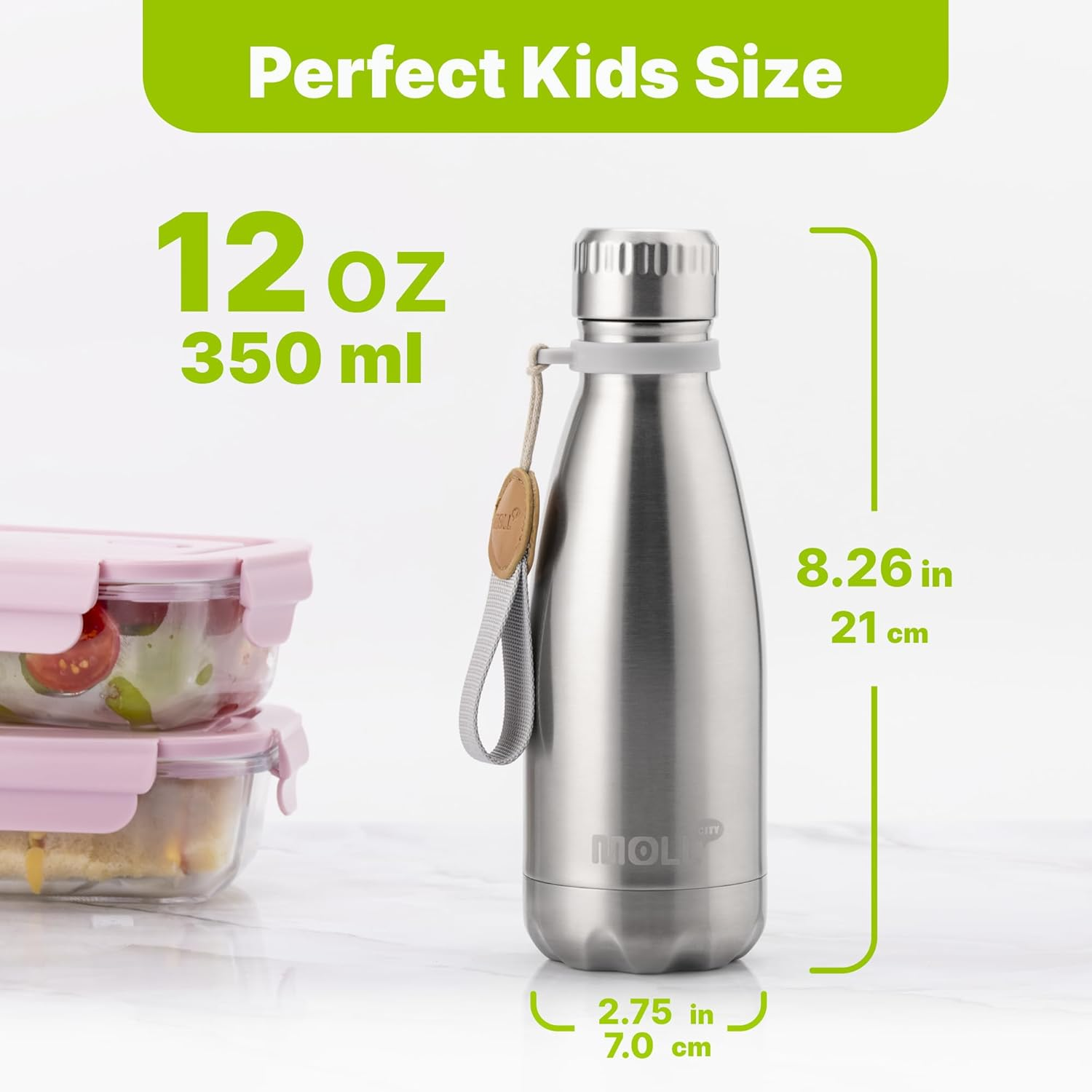 Kids Water Bottle, 350ML Stainless Steel Vacuum Insulated Small Water Bottle for Kids Leak Proof (Silver)