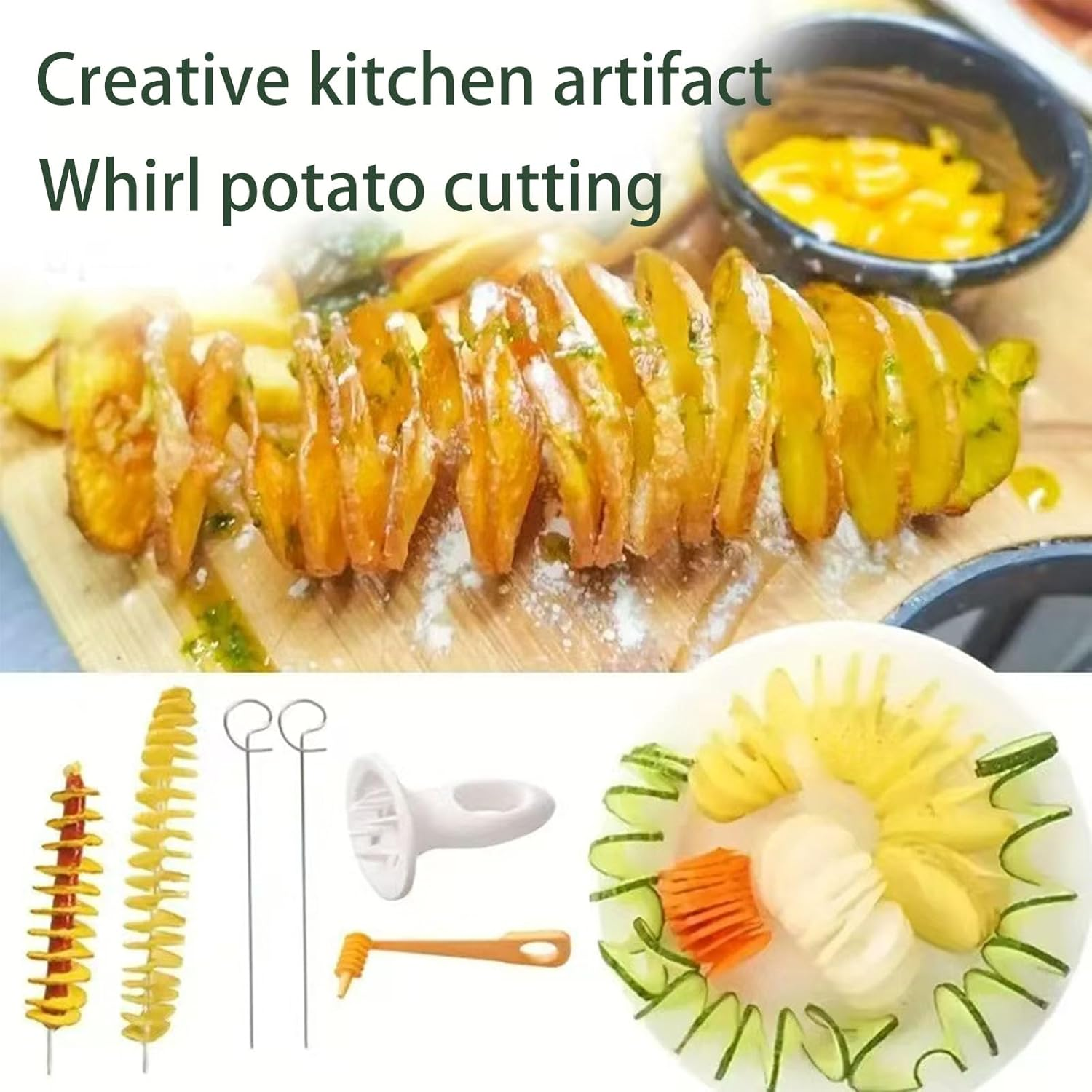 Spiral Slicer, Tower Slicer, Tornado Potato Cutter, Make Potato Slices Spiral Skewer Snacks, Cooking Gadgets Kitchen Accessories 4 Stainless Steel Stick, Carrot Cucumber Barbecue