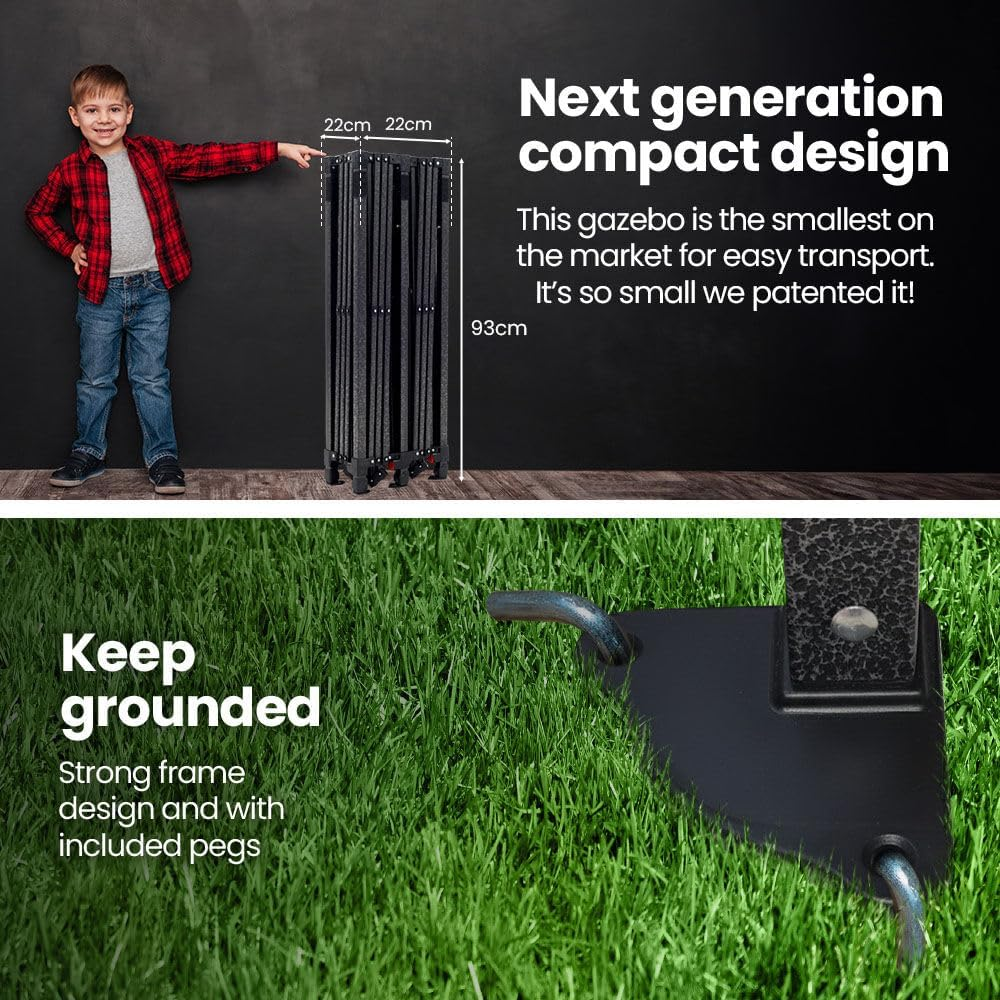 Red Track 3X3M Ultra Compact Folding Gazebo, Walls, Carry Bag, Portable Outdoor Popup Marquee for Camping Beach, Black image number 2