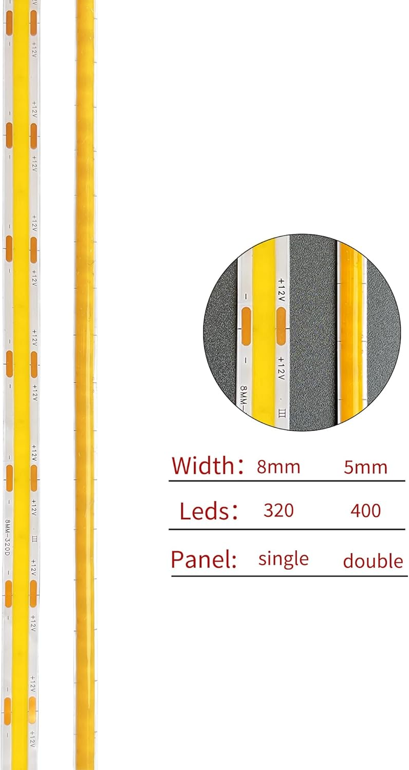 12V 5Mm Width COB LED Strip Lights(No Power Supply),16.4Ft/5M,Warm White 3000K,400Leds/M,With 5521DC Female Connector,10W/M,Cri90,4500Lm,Electroplated Double-Sided Panel Light Strip,Ip20