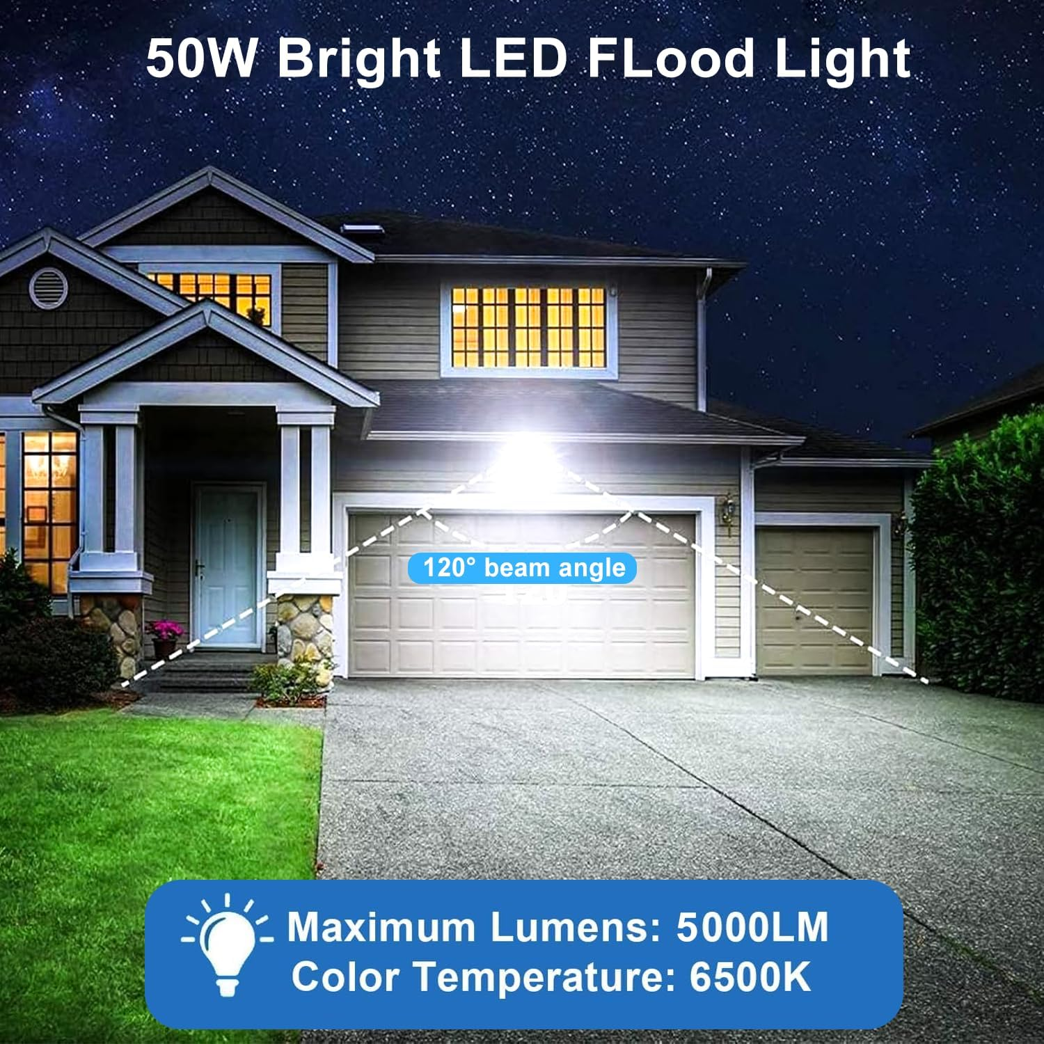50W LED Flood Lights Outdoor, 5000LM Super Bright outside Floodlights, IP66 Waterproof 6500K Daylight White Security Lights, Plug in Flood Light for Yard Garage Garden Patio