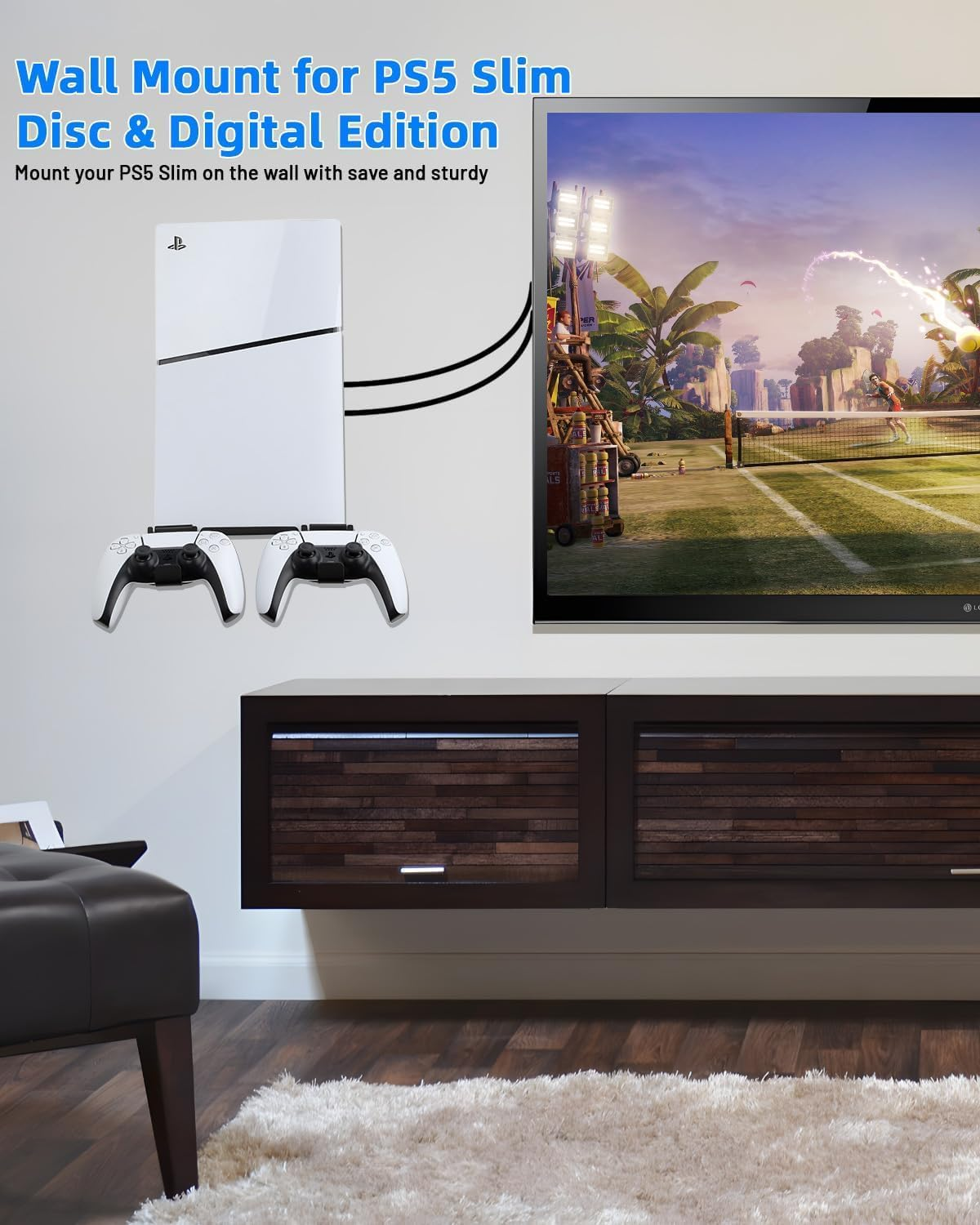 ZONEY Wall Mount for PS5 Slim Wall Mount, PS5 Slim Stand with 2 Removable Controllers Holders, Sturdy Floating Your New PS5 on Wall with Screw Fixing, behind TV (Black, Only for Slim)