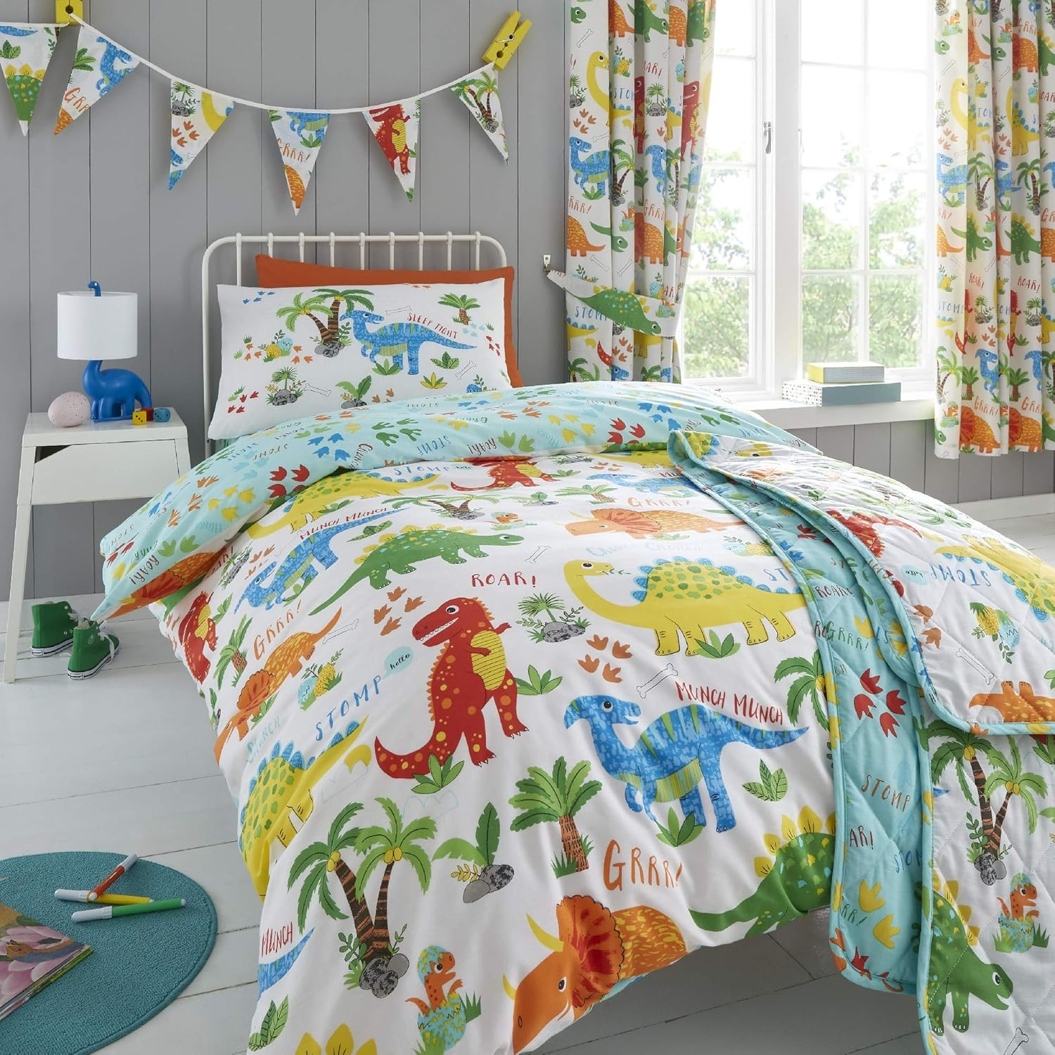 Happy Linen Company Girls Boys Kids Cute Dinky Dinosaurs Double Reversible Duvet Cover Bedding Set image number 2