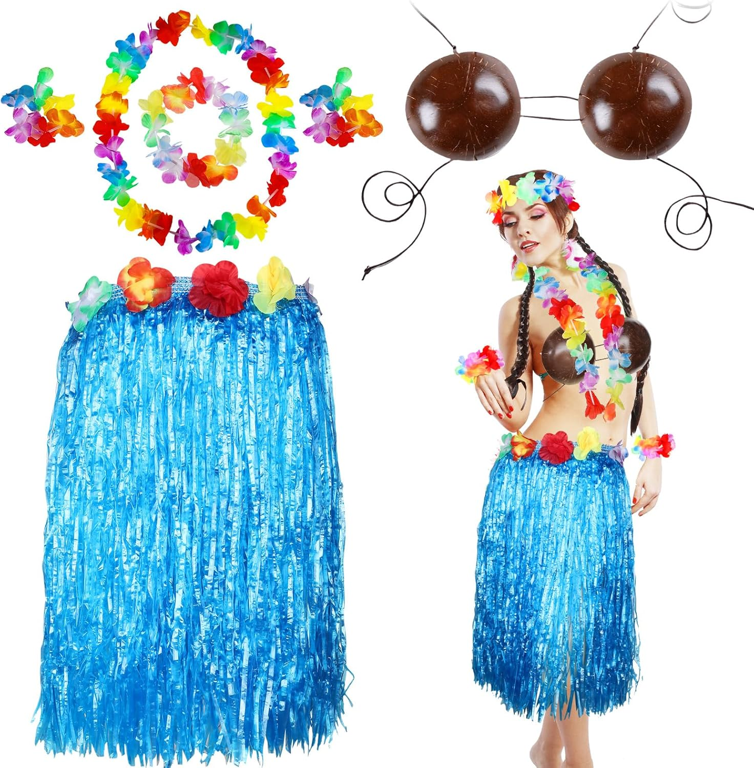 6 Pcs Coconut Bra Hawaiian Grass Hula Skirt Costume Set 31.5 Inch Dance Leis Outfit for Women Luau Party Supplies