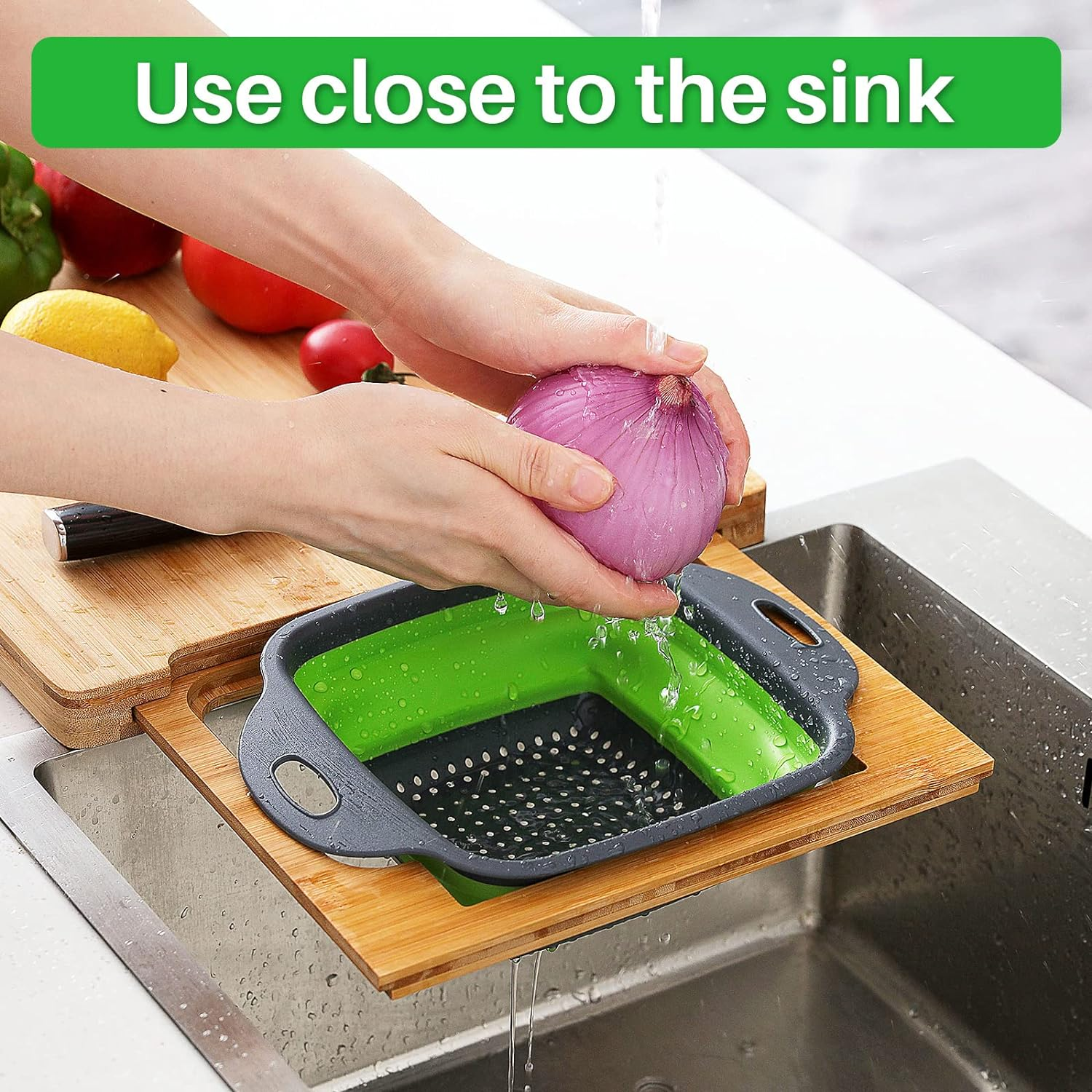 Expandable Bamboo Cutting Board with Containers,Over the Sink Cutting Board for Kitchen,Meal Prep Deck for Food (Green) image number 4
