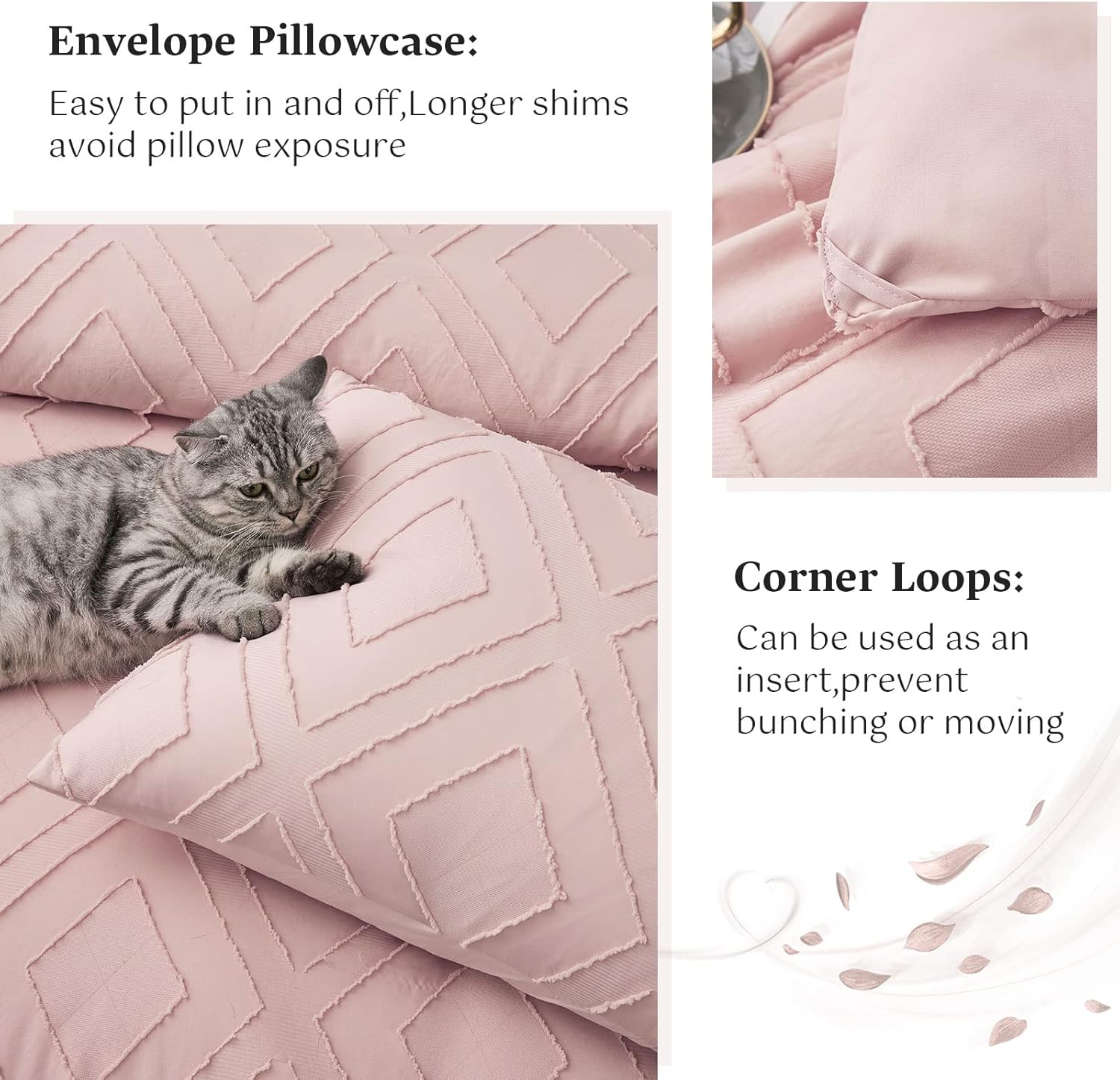 Boho Queen Comforter Set,Blush Pink Rhombus Tufted Queen Size Comforter Set with Corner Loops,3 Pieces Embroidery Shabby Chic Bedding Comforter Sets for All Seasons(Blush Pink,Queen) image number 6