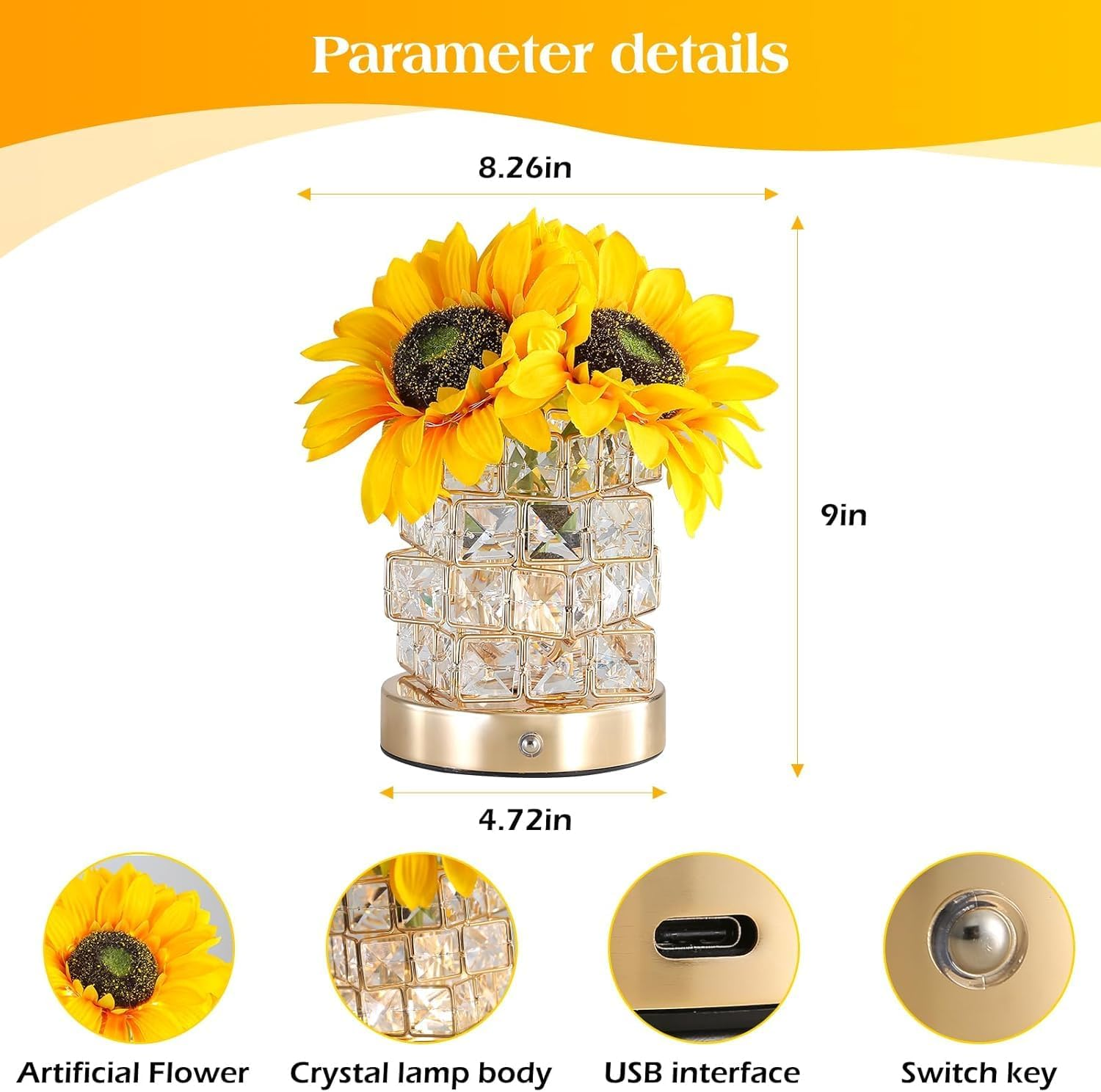 Sunflowers Flower Lamp, USB Rechargeable Cordless Lamp, 3 Colours Infinitely Dimming Small Night Light, with Artificial Crystal Vase, Festival Restaurant Bedroom Birthday Gifts for Women Mom (Yellow) image number 1