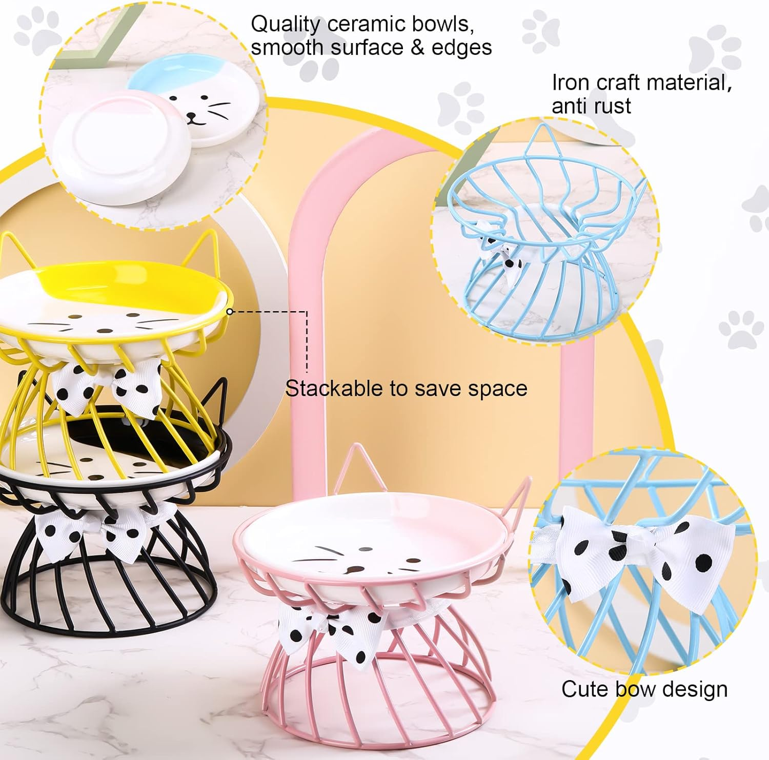 Sunnyray Cat Feeder, 4 Pcs Elevated Ceramic Cat Bowls with Metal Stand, Whisker Friendly, anti Vomit, Dishwasher Safe, for Dog Pet (Multicolor) image number 1