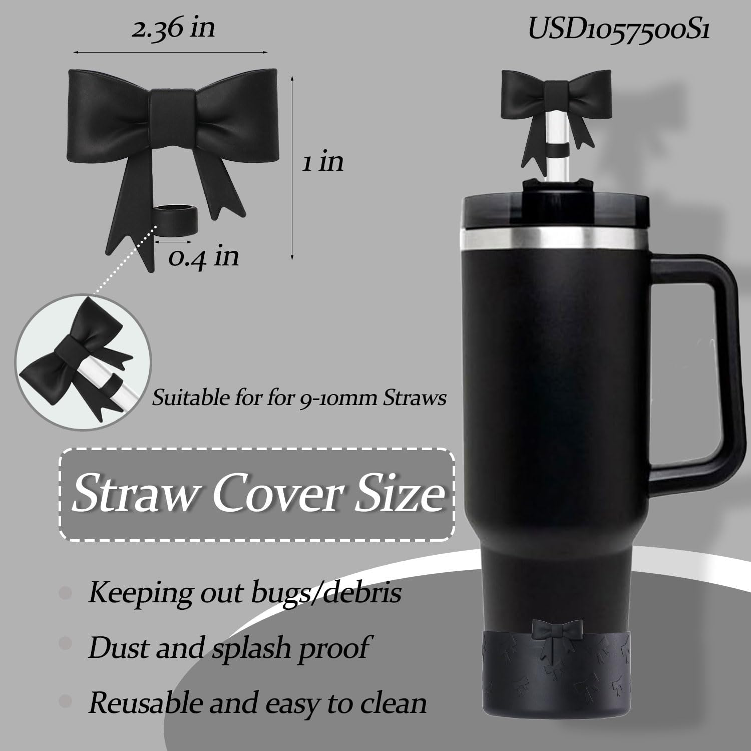 Lnulyaciy Bow Silicone Protective Boot for Stanley Cup 20/30/40Oz, Bow Straw Cover Topper with 10Mm/0.4In, Compatible 12-24Oz Hydroflask Tumbler and More Bottles 2.83-3In Bottom (Black Set) image number 5