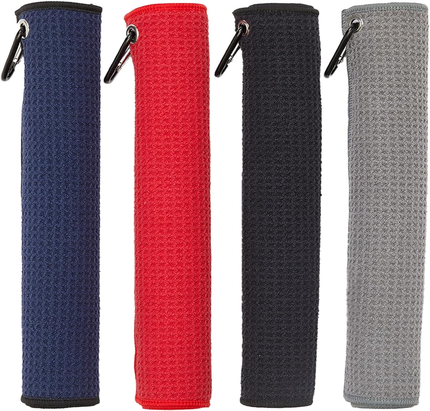 4 Pack Golf Towels, 11.8" X 11.8" Microfiber Golf Towel with Carabiner Clip, Waffle Pattern Golf Towels with Hook and Loop Fastener for Golf Bag, Golf Cleaning Towel Black/Grey/Red/Navy Blue image number 1
