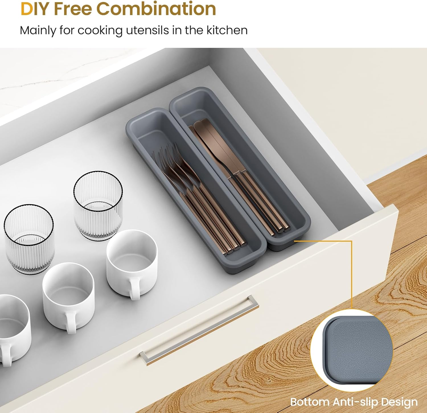 2 Pack Silicone Cutlery Drawer Organiser, Kitchen Utensil Drawer Organiser, DIY Free Combination Silverware Organizer, Moisture-Proof and Heat-Resistant up to 200&deg;C, Anti-Slip and Environmentally image number 4