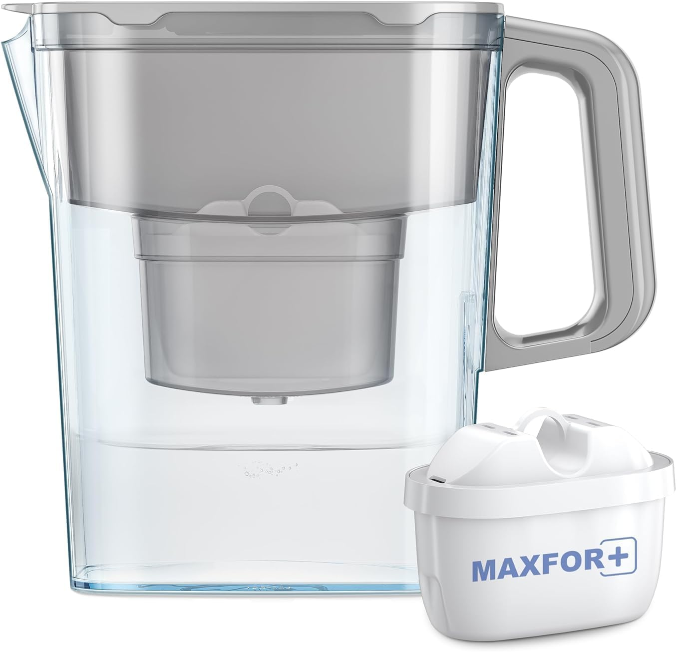 AQUAPHOR Water Filter Jug Compact Grey Includes 1 Maxfor+ Filter I Plastic Carafe 2.4 L I Reduces Limescale, Chlorine & Heavy Metals I Compact & Lightweight Water Filter I Fits in the Fridge Door image number 1